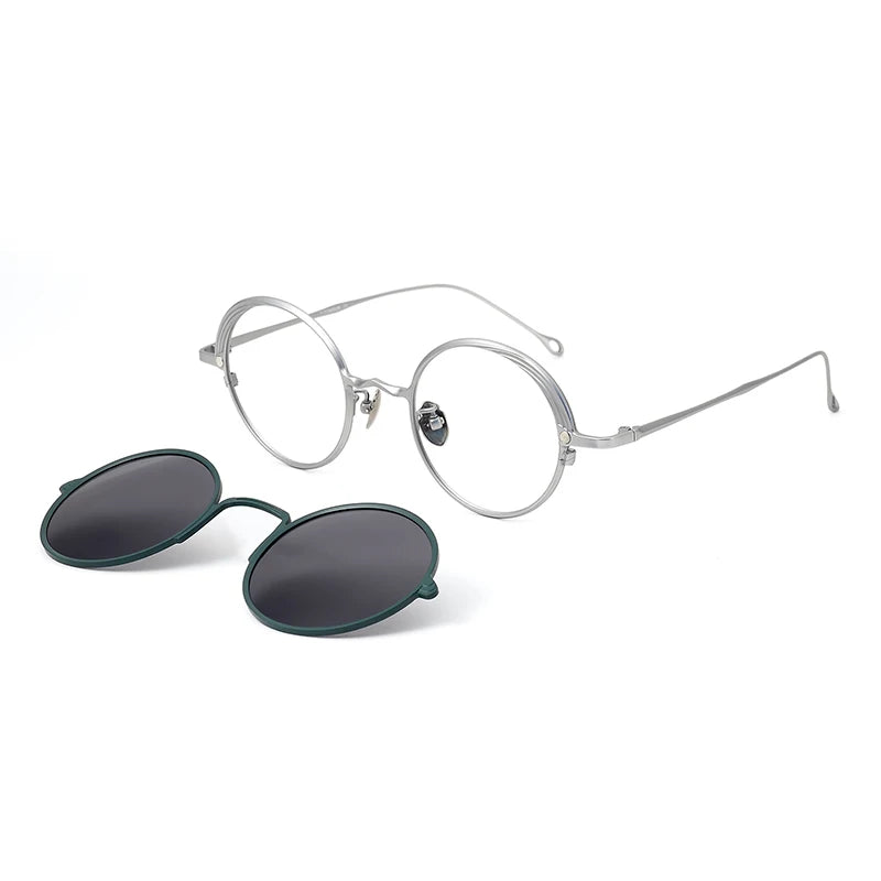 Aror Unisex Full Rim Round Titanium Eyeglasses with Clip-On Sunglasses - Stylish & Durable Frame for Men & Women - Perfect for Outdoor Activities, Driving, and Everyday Wear (Model 10084)