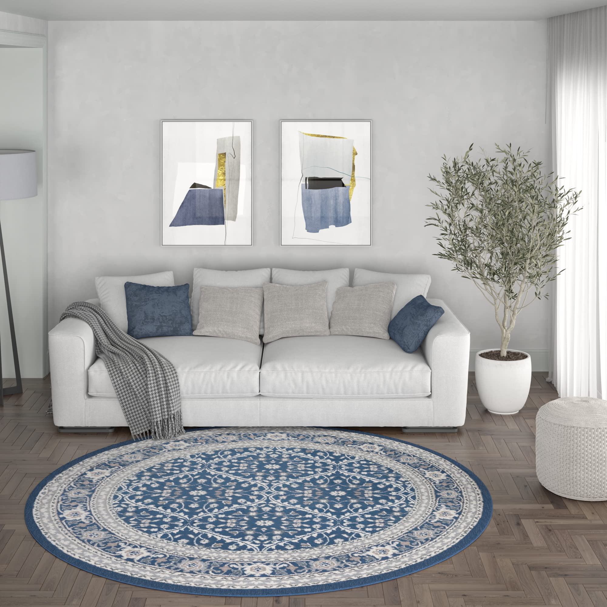 Tayse Navy Modern Large 8ft Round Area Rug - Soft Contemporary Carpet for Living Room, Dining Room, Bedroom, Kitchen & Entryway - Non-Slip Floor Mat for Home Decor - Alfombras Modernas para Salas