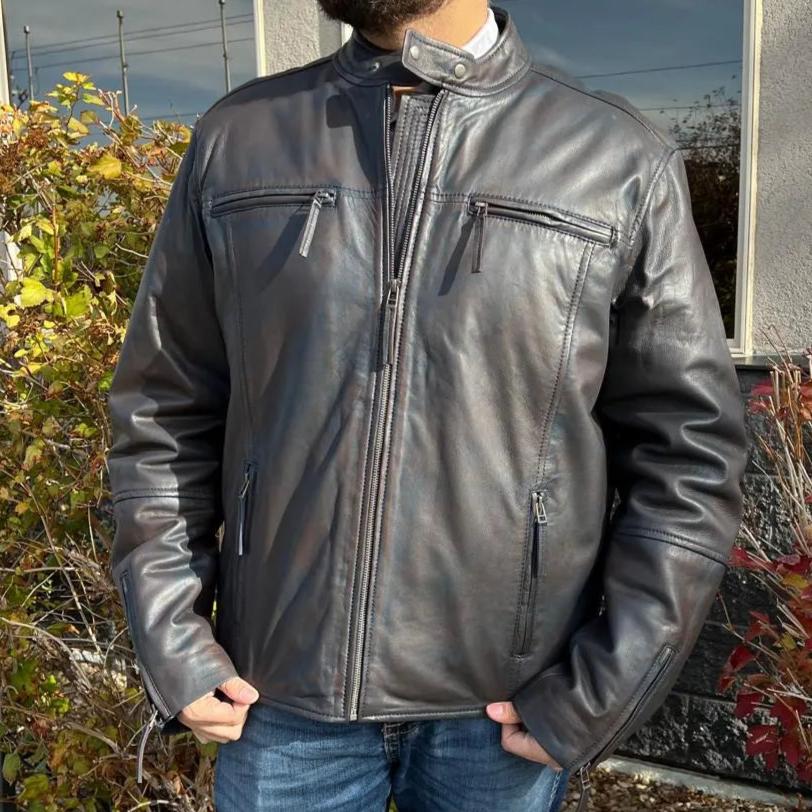 BOL Men's Snap Collar Lamb Leather Jacket - Stylish Genuine Leather Biker Jacket for Men, Perfect for Motorcycle Riding, Casual Outfits & Night Out