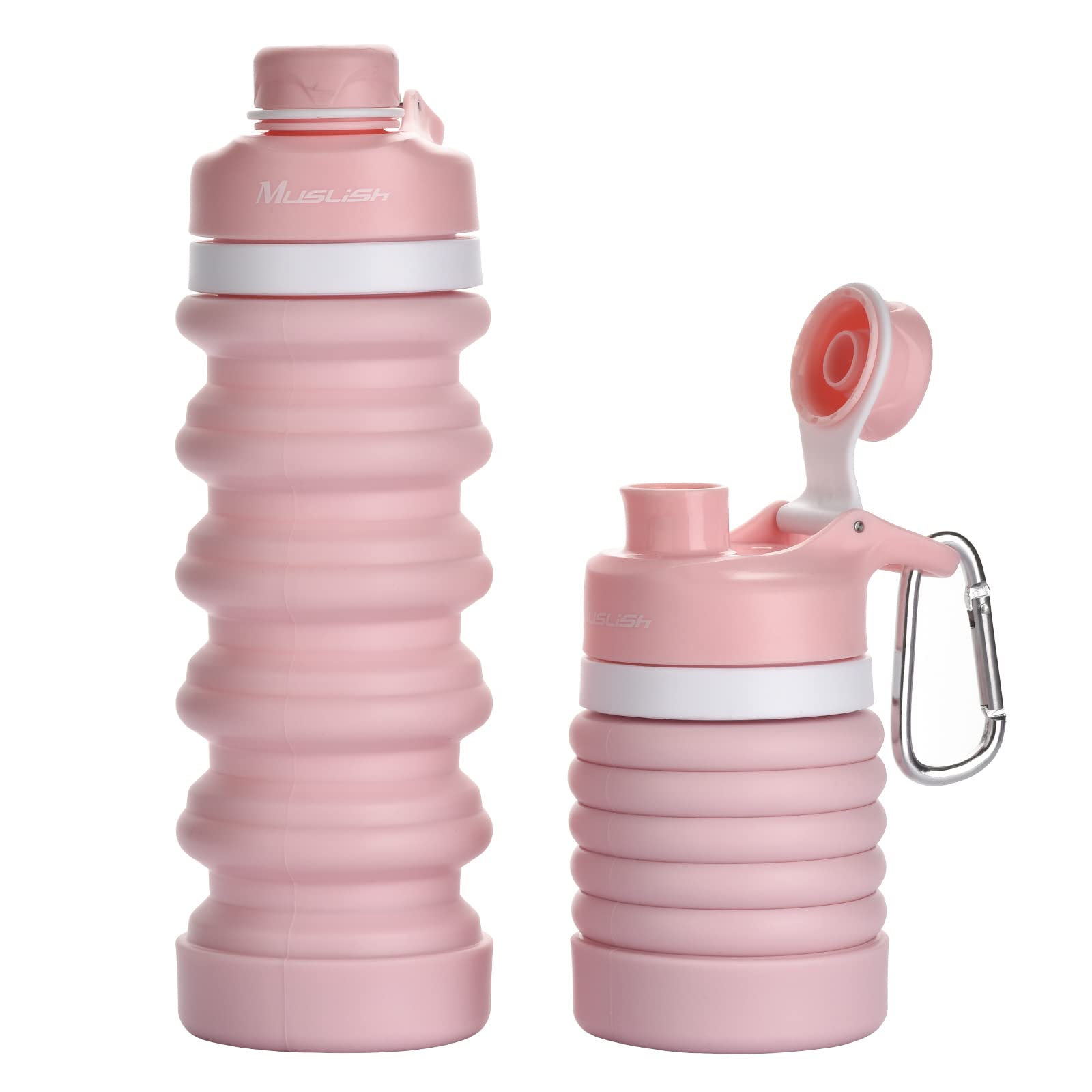 Muslish Collapsible Water Bottle 18oz (550ml) - BPA Free Silicone Foldable Water Container for Travel, Gym, Camping & Hiking | Reusable Portable Leakproof Sports Water Bottle with Carabiner (Quartz Pink) | Perfect for Outdoor Adventures, Workouts & Daily Hydration