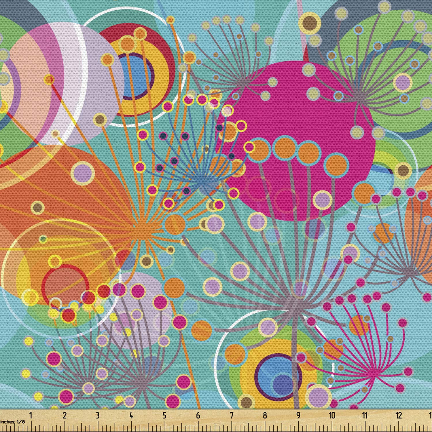 Ambesonne Floral Fabric by The Yard - Vibrant Dandelion Flower Circles with Spring Sun Rays Design | 5 Yards Multicolor Decorative Fabric for Upholstery, DIY Home Decor, Curtains & Craft Projects | Perfect for Bedroom, Living Room & Nursery Decorations