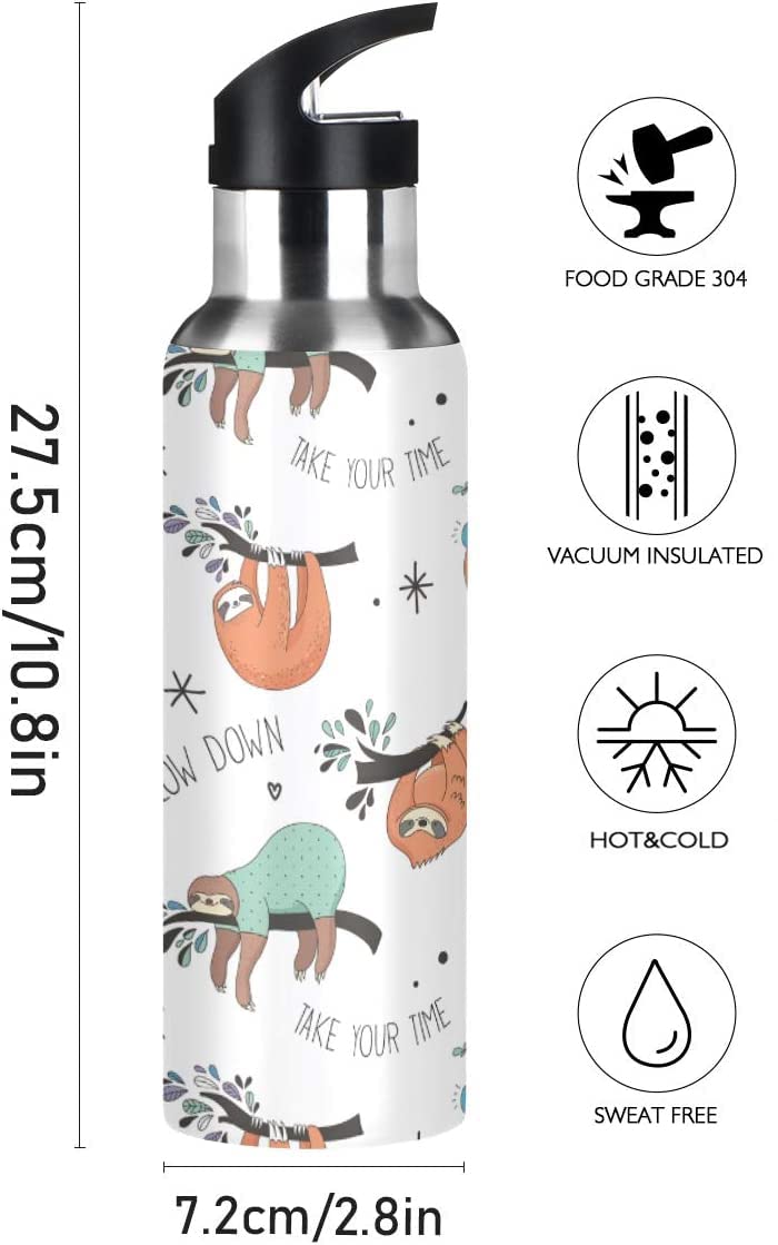 Qilmy 20 oz Stainless Steel Vacuum Insulated Water Bottle with Straw Lid - Leakproof Thermo Flask for Gym, Hiking & Outdoor Activities | Sloth Design Sport Bottle