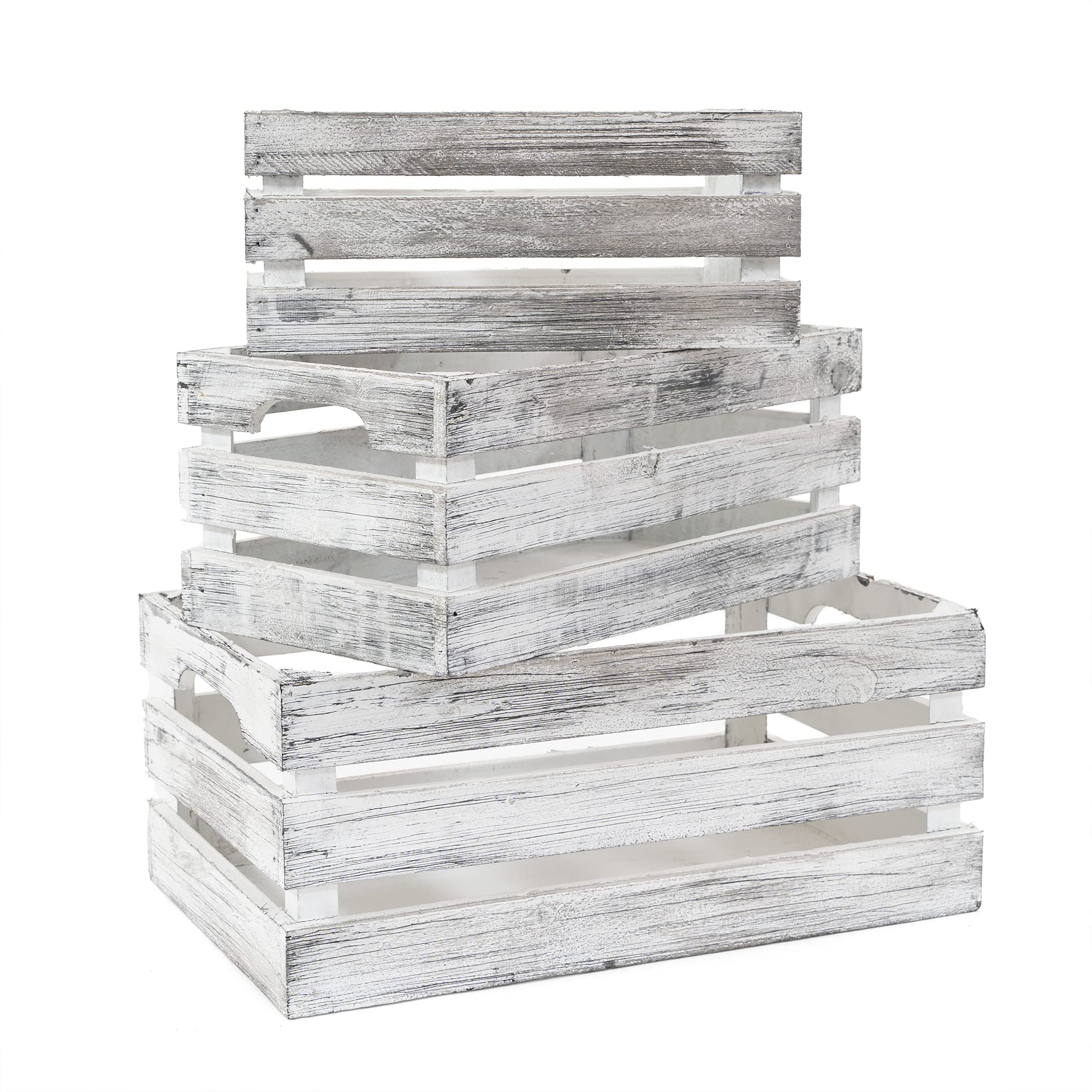 Rustic Farmhouse Wood Crates Set of 3 - Distressed White Decorative Wooden Storage Bins for Home Decor, Wedding Centerpieces, Party Supplies - Perfect for Vintage Shelving, Pantry Organization & Farmhouse Style Decorating
