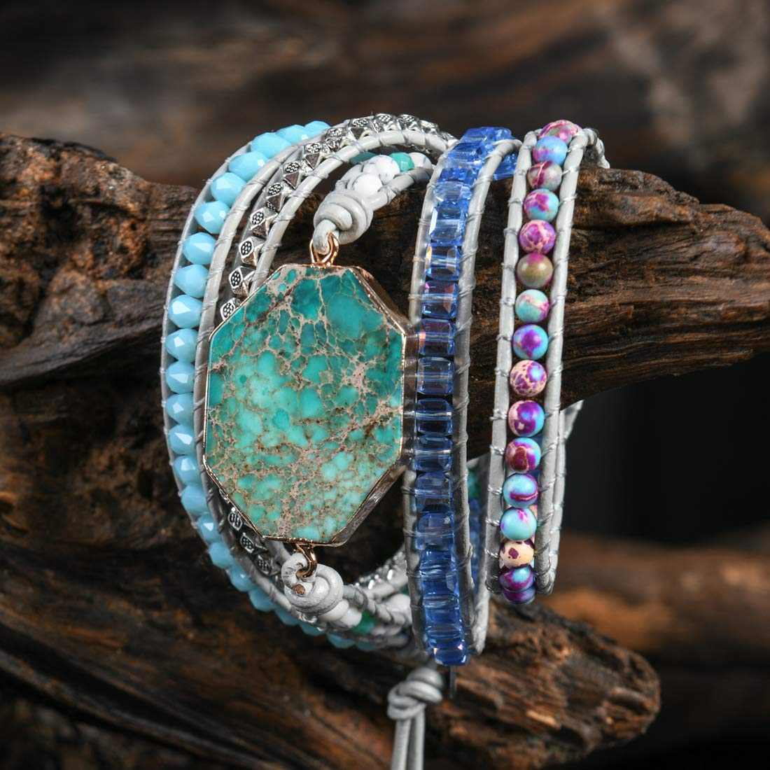 YGLINE Handmade Leather 5-Wrap Bracelet with Jasper Beads - Multi-Layer Yoga Bracelet in Mix Colorful Gemstones for Healing & Meditation | Perfect for Yoga Practice, Spiritual Healing & Boho Fashion Accessories