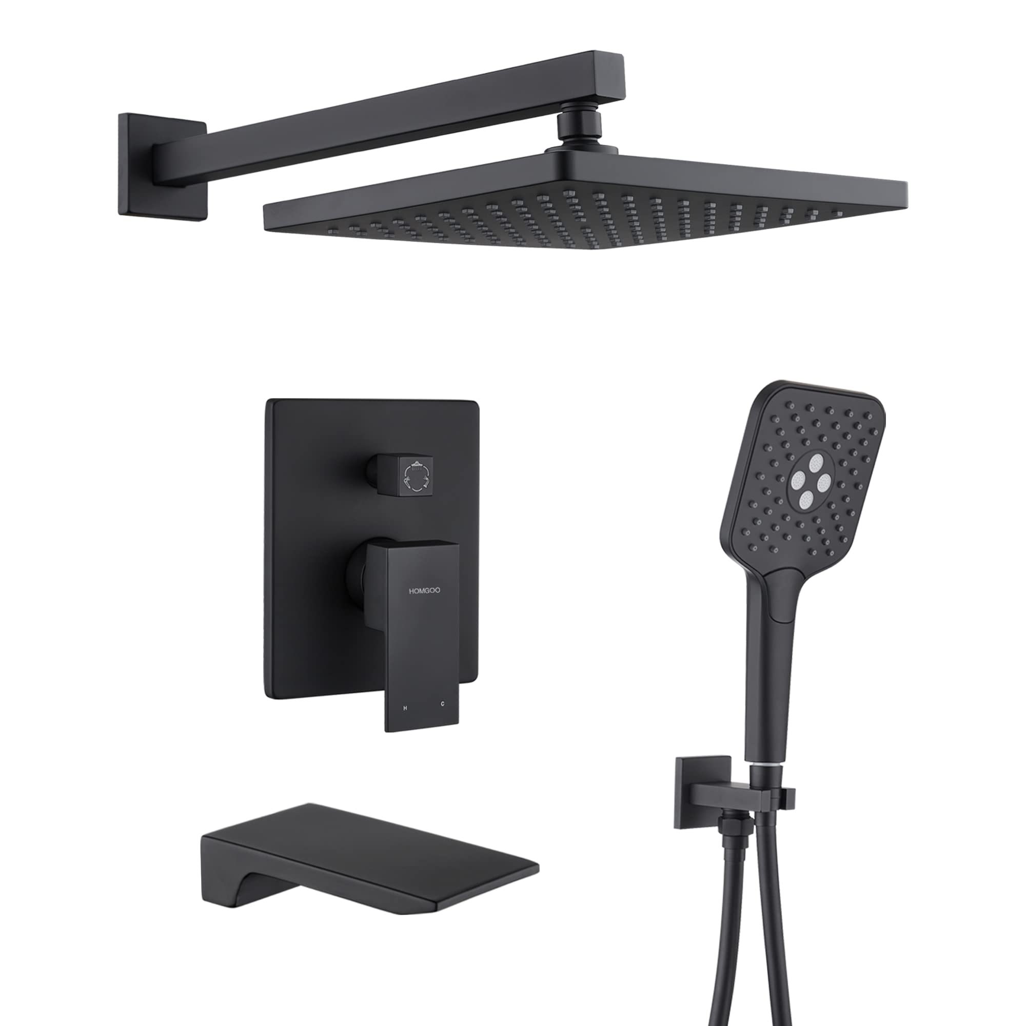 HomGoo Matte Black Shower System with Tub Spout - High Pressure 10