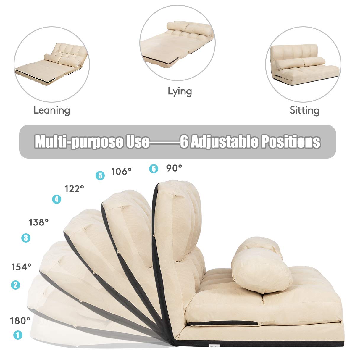 S AFSTAR 6-Position Adjustable Folding Sofa Bed with 2 Pillows - Convertible Futon Couch for Living Room, Bedroom & Small Spaces - Comfortable Sponge Filling Sleeper Sofa (Beige) | Perfect for Apartments, Guest Rooms & Home Offices