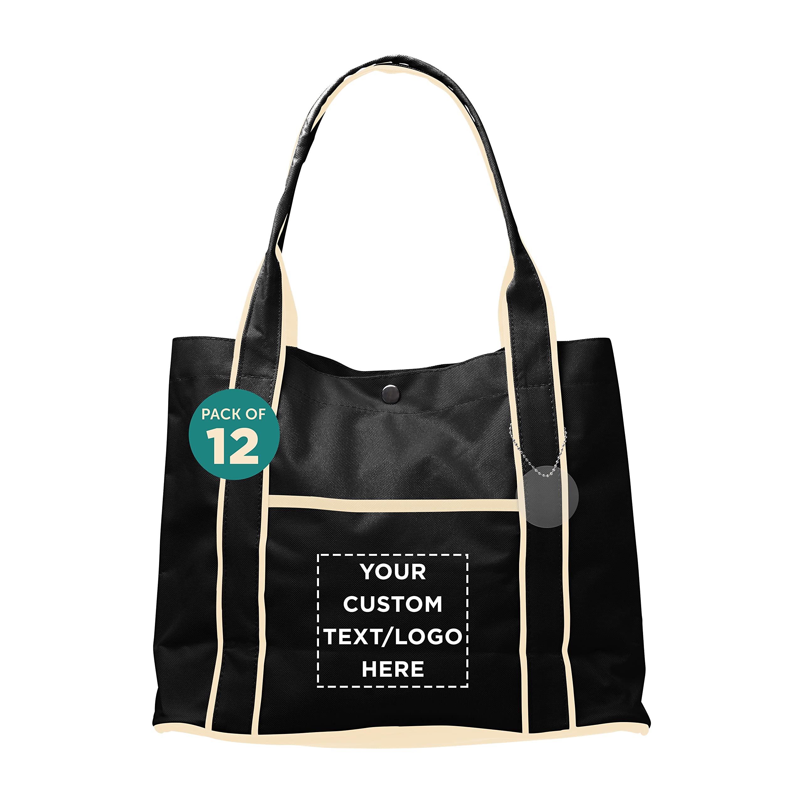 Custom Printed Polyester Tote Bags Bulk Pack - 12 Pack Personalized Fashion Totes with Reinforced Straps & Snap Closure - Durable Reusable Shopping Bags for Grocery, Beach, Work & Everyday Use - Black