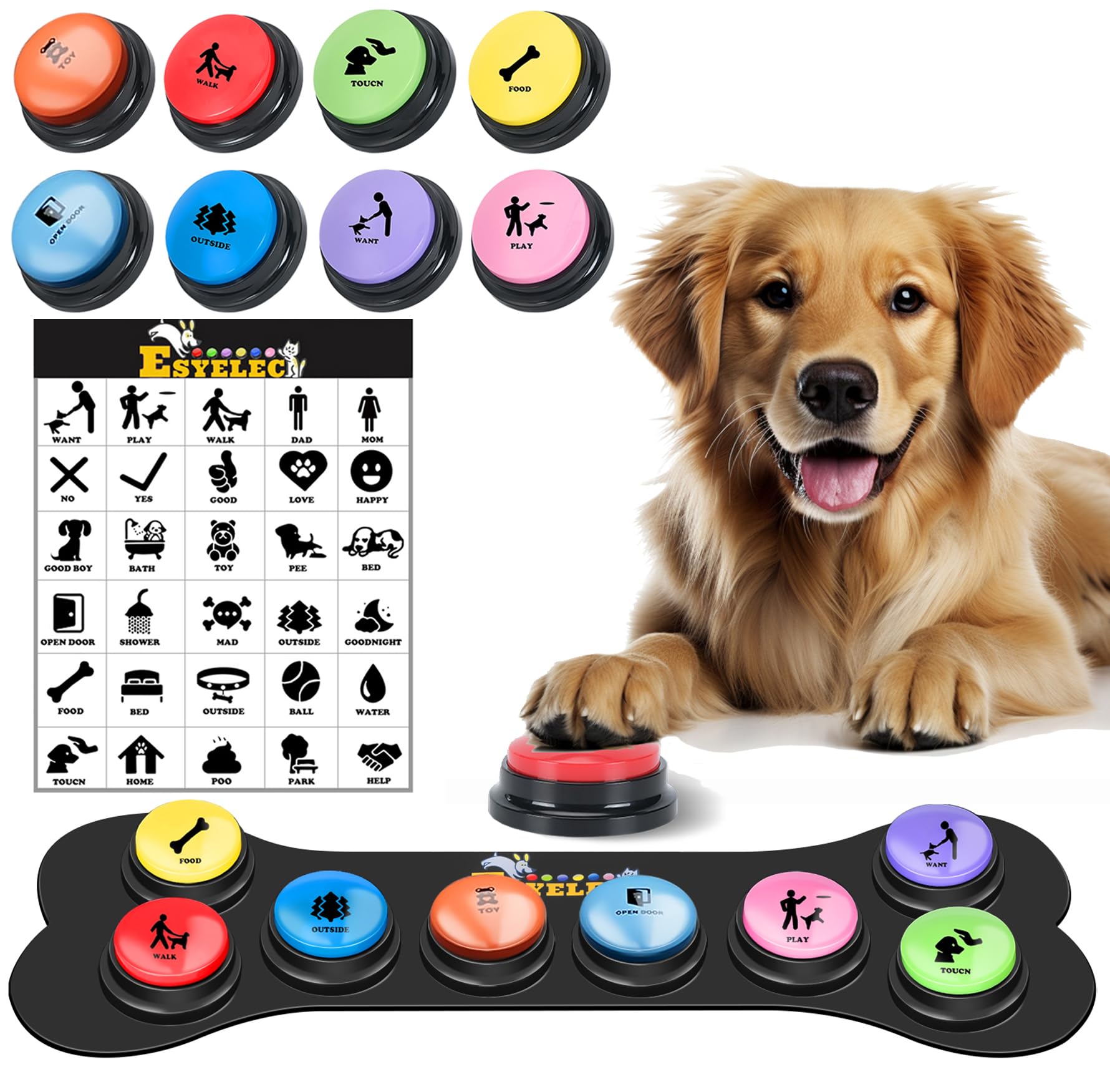 8-Piece Dog Talking Buttons for Communication - Voice Recording Pet Training Buzzers with 30 Scene Stickers & Mat | Teach Your Dog to Speak | Perfect for Home Training, Puppy Learning & Animal Behavior Therapy