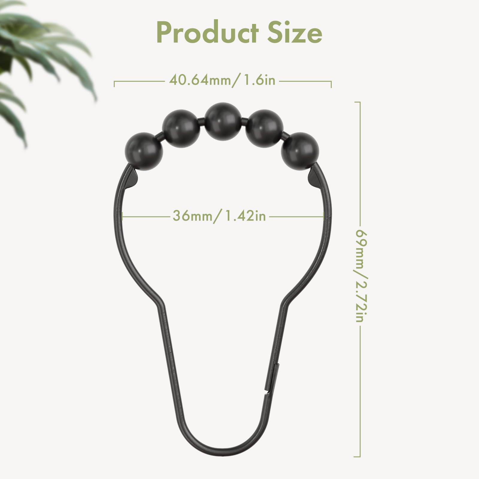 Amazer 12-Pack Rustproof Stainless Steel Shower Curtain Hooks - Decorative Black Bathroom Hooks for Shower Liners & Curtains - Durable & Stylish Bath Accessories for Home, Hotel, and Dorm Use