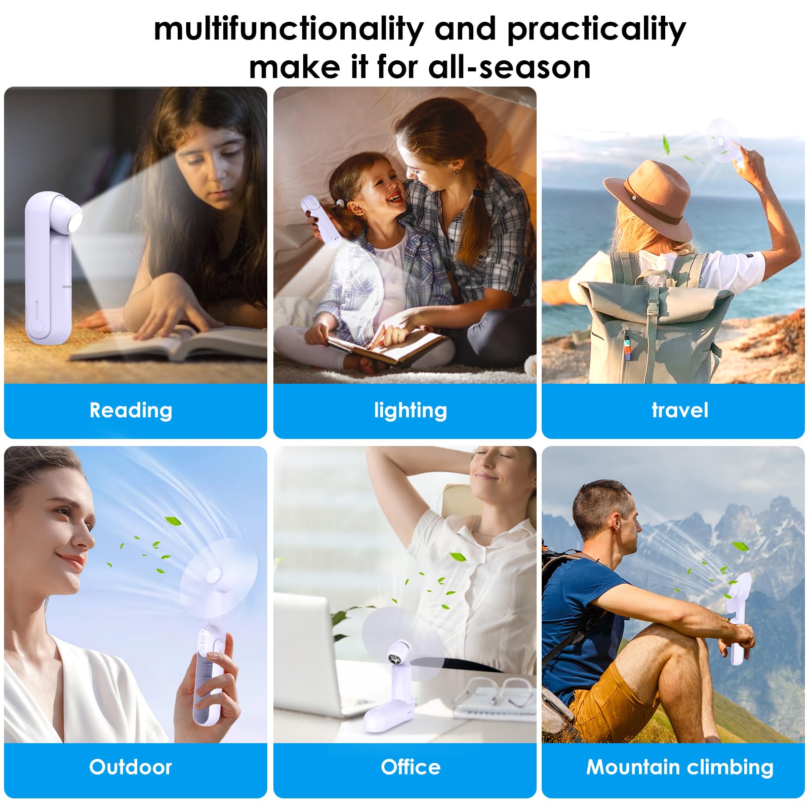 4 in 1 Portable Mini Handheld Fan with Flashlight, Power Bank & Table Lamp - Foldable Personal Cooling Fan for Women, Mom - Perfect for Camping, Travel, Beach & Birthday Gifts (Purple)