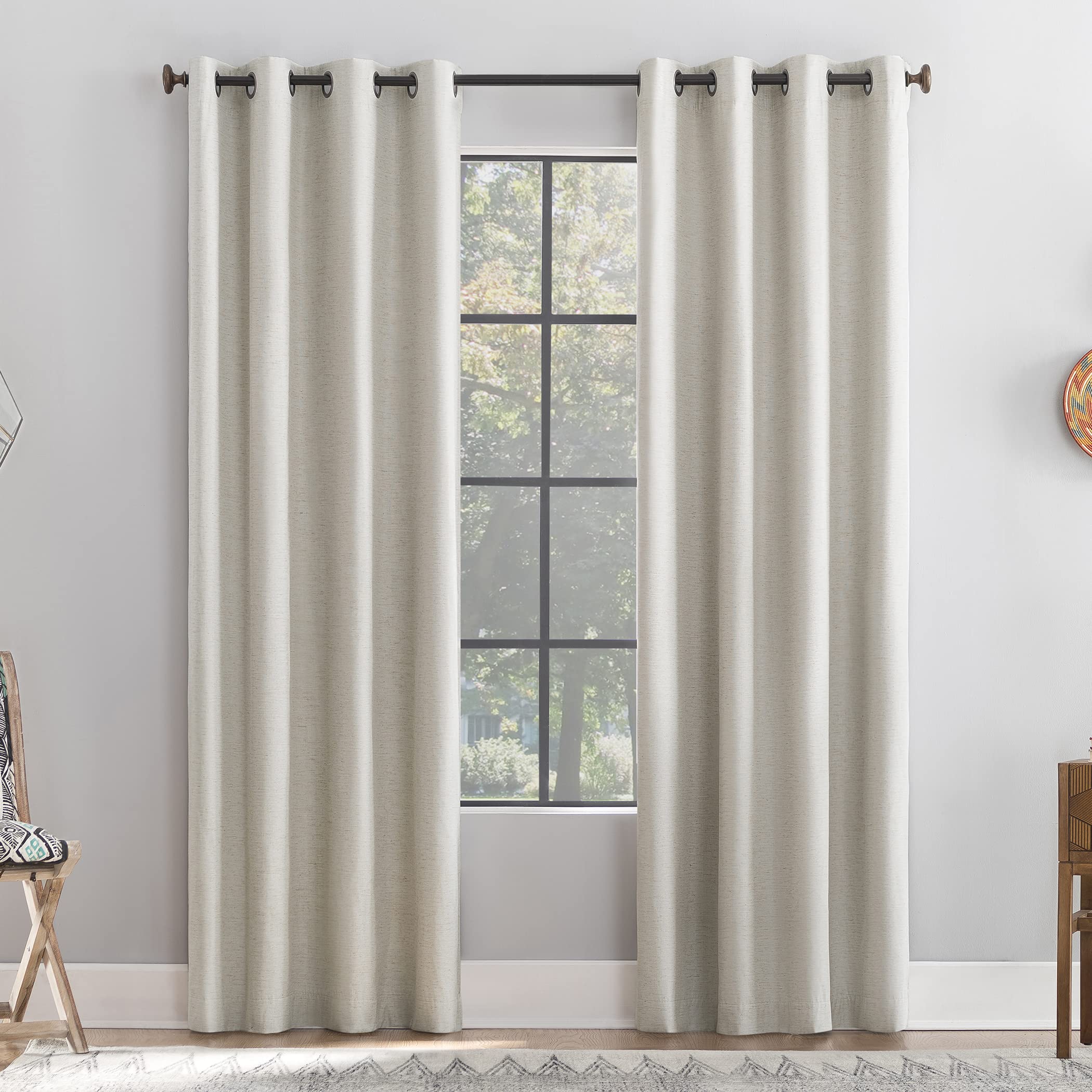 Archaeo Textured Linen Blend Grommet Top Curtains 50x84 Inches - White Blackout Window Drapes for Living Room & Bedroom