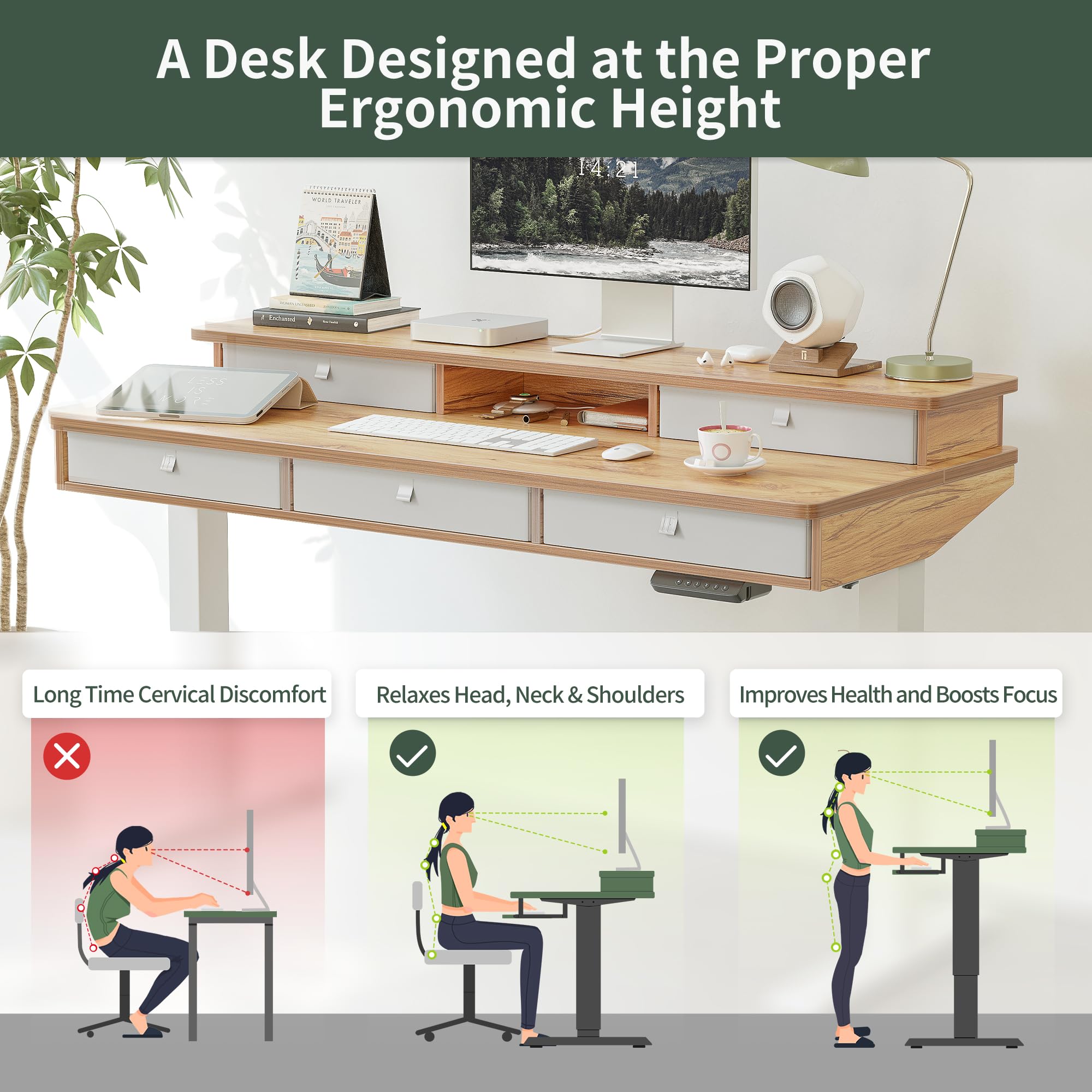 FEZIBO 55 Inch Electric Standing Desk with Storage Shelf & 5 Drawers - Adjustable Height Sit Stand Desk, White Frame & Light Rustic Top (55
