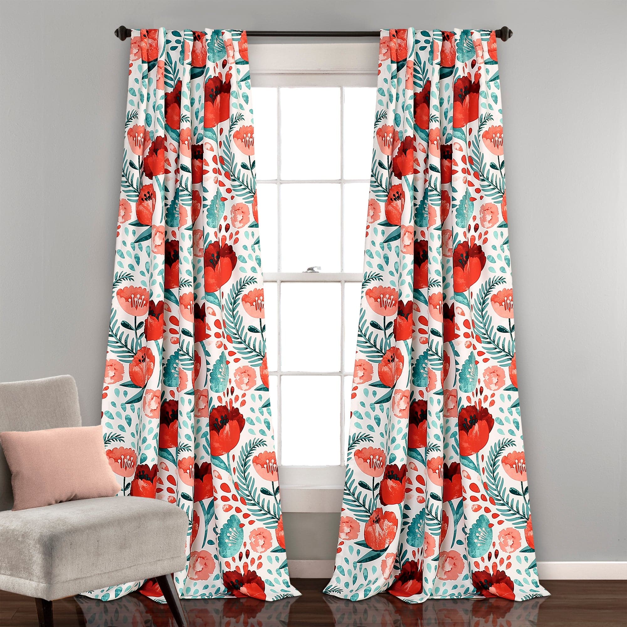 Poppy Garden Light Filtering Window Curtain Panel Set - Floral Sheer Drapes for Living Room & Bedroom - Soft Sunlight & Privacy Protection