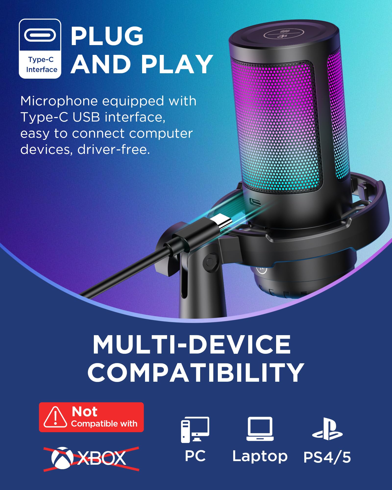 InnoGear USB Gaming Microphone with Boom Arm - Noise Cancelling Condenser Mic & RGB Mute Button for PC, PS4, PS5 - Perfect for Streaming, Podcasting, YouTube, Discord & Vocal Recording (Black) - Ideal for Home Studios, Gaming Setups & Professional Voiceovers