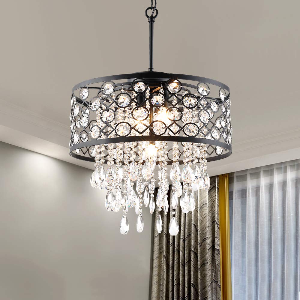 Maxax 5-Light Crystal Chandelier - Modern Drum Pendant Lighting Fixture with Adjustable Chain, ETL Certified - Perfect for Living Room, Bedroom, Dining Room & Kitchen Island Decor - Black Round Hanging Light for Elegant Home Lighting