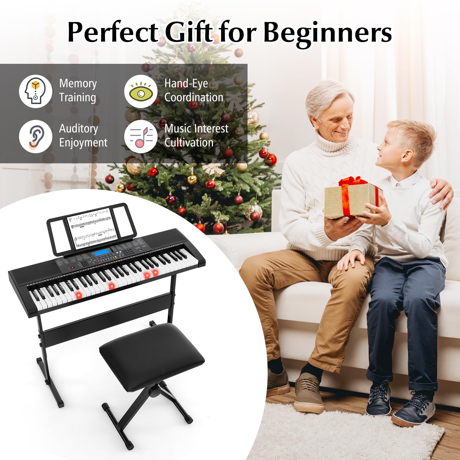HONEY JOY 61-Key Electronic Keyboard Piano with Lighted Keys - 600 Tones, 400 Rhythms, Built-In Speakers - Complete Kit Includes Stand, Bench & Headphone/Microphone - Perfect for Beginners & Home Practice (Black) - Ideal for Music Lessons, Family Entertainment & Personal Learning