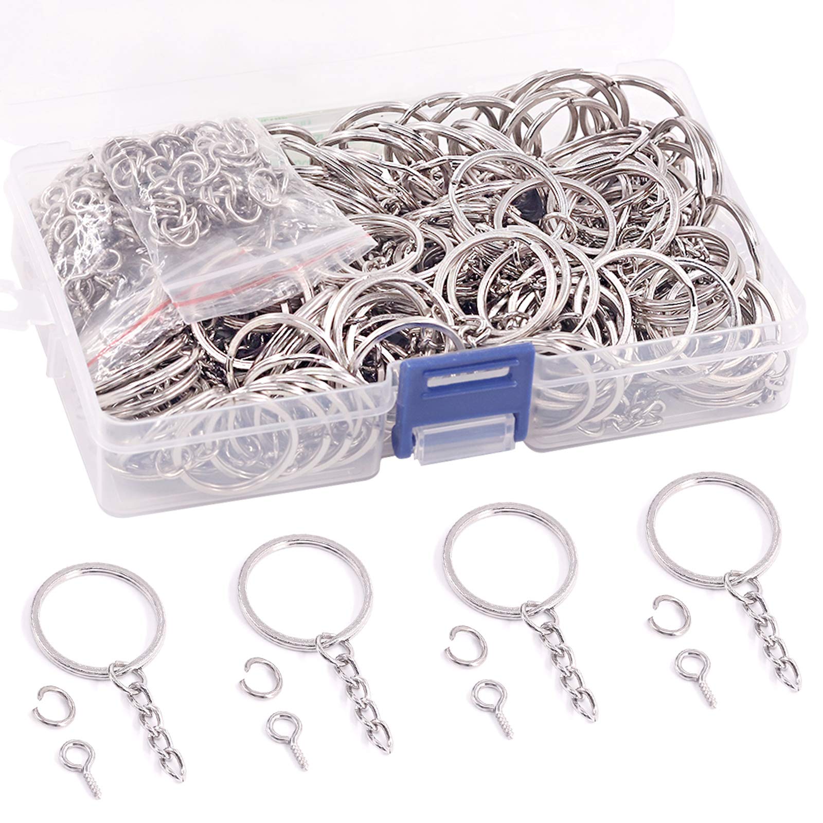 Rustark 450 Pcs 1 Inch (25mm) Metal Split Keychain Rings Kit - 150 Silver Key Rings with Chains, 150 Open Jump Ring Connectors & 150 Screw Eye Pins for DIY Jewelry Making, Keychain Crafting and Leather Accessories Supplies (Bulk Crafting Supplies)