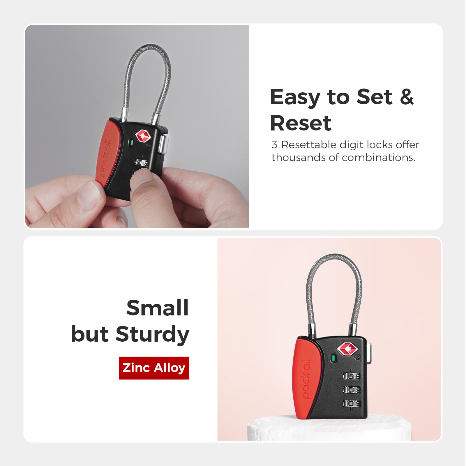 **TSA Approved 3 Digit Combination Cable Luggage Locks (4 Pack, Red) - Secure Suitcases, Bags & Backpacks for Travel, Gym & Storage - Durable Alloy Travel Accessories**