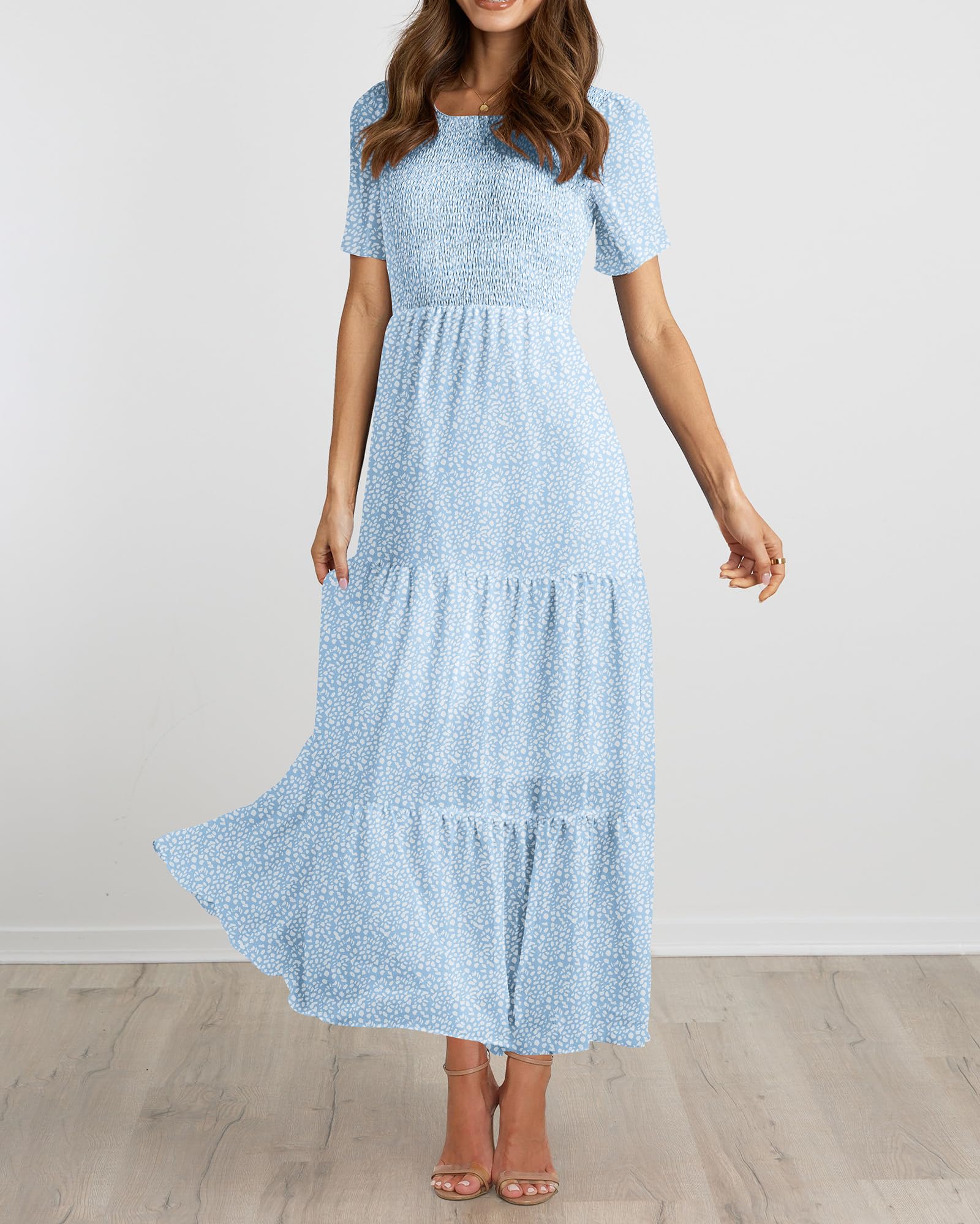 BTFBM Women's Bohemian Floral Print Short Sleeve Maxi Dress - Casual Summer Tiered Cocktail Dress with Crew Neck & Flowy Design | Perfect for Beach Vacations, Music Festivals, and Date Nights