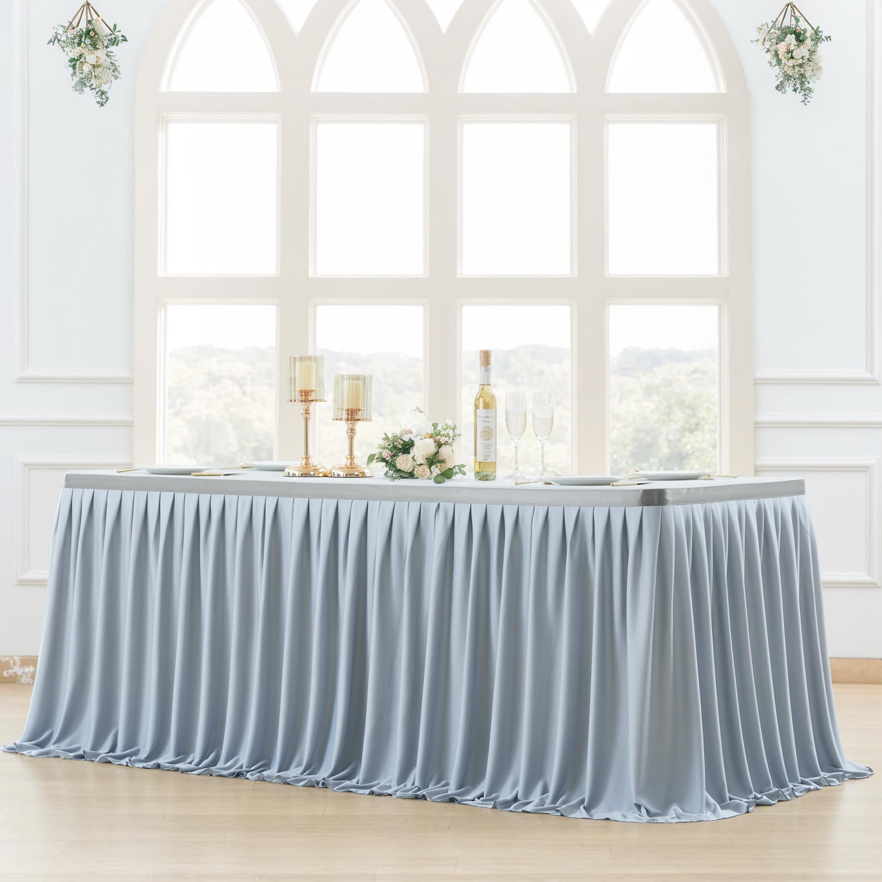 Gray Polyester Table Skirt 14ft - Wrinkle Resistant for Banquet Wedding Baby Shower - Dining Table Decor
