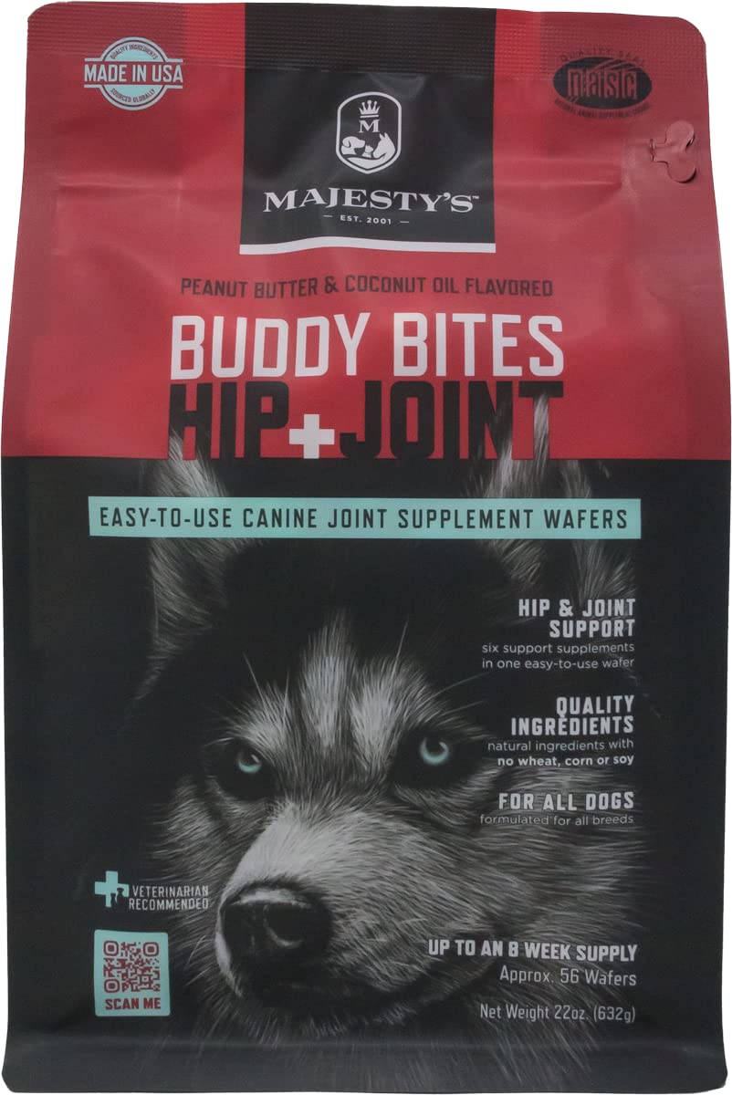 Majesty's Buddy Bites Hip and Joint Wafers for Medium & Large Dogs - Peanut Butter Coconut Oil Flavored Dog Treats - Glucosamine Chondroitin Supplement - 56 Count (8 Week Supply) - Supports Mobility & Joint Health for Active Dogs