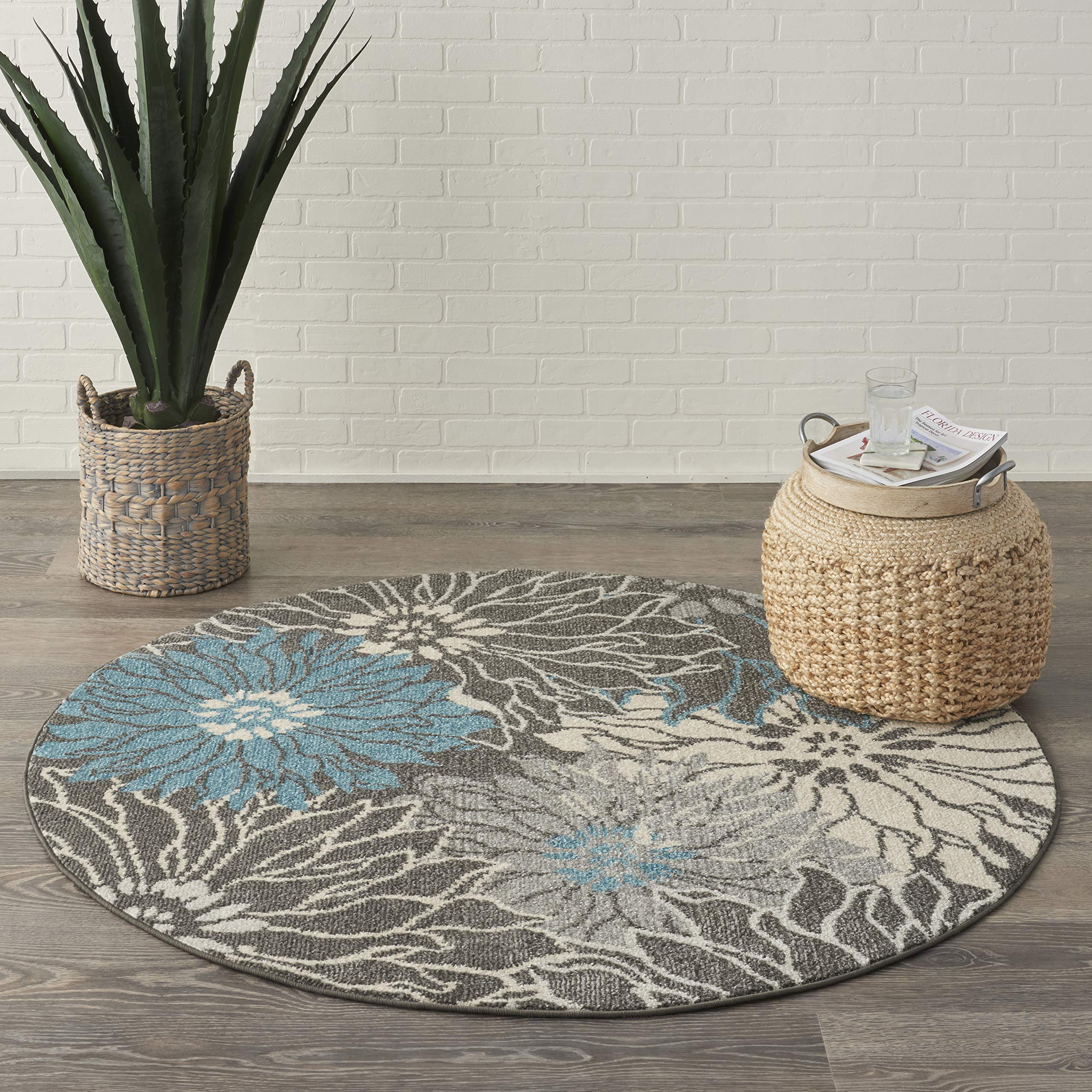 Nourison Passion Charcoal/Blue 4' Round Floral Farmhouse Area Rug - Non-Shedding & Easy to Clean - Perfect for Bedroom, Living Room, Dining Room & Kitchen Decor
