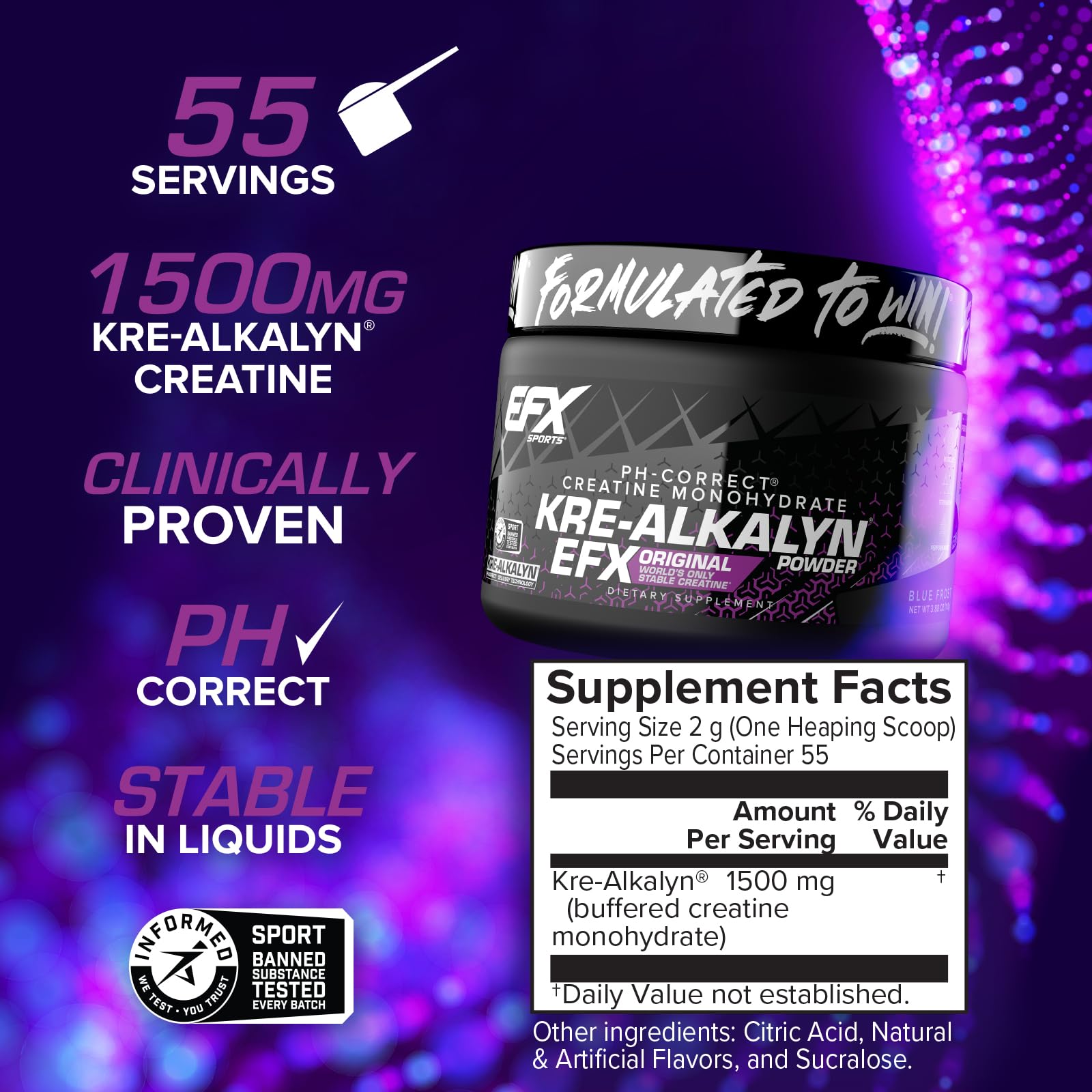 EFX Sports Kre-Alkalyn EFX Creatine Monohydrate Powder Supplement - pH Balanced for Strength, Muscle Growth & Performance - 55 Servings Blue Frost - Pre-Workout & Post-Training Recovery Boost