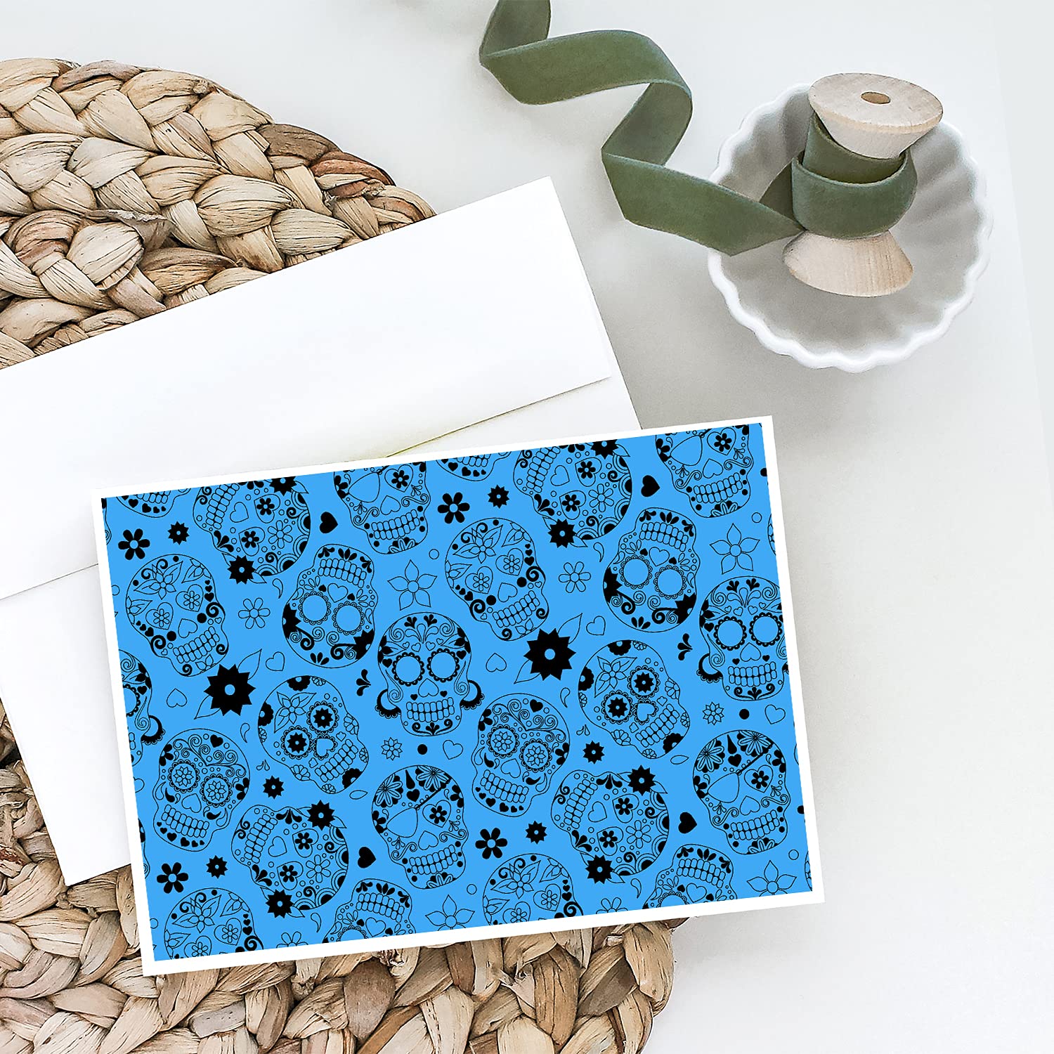 Day of The Dead Blue Greeting Cards and Envelopes - Pack of 8 Blank A7 Size (5x7) Whimsical Note Cards for Halloween, Dia de los Muertos Celebrations & Special Occasions