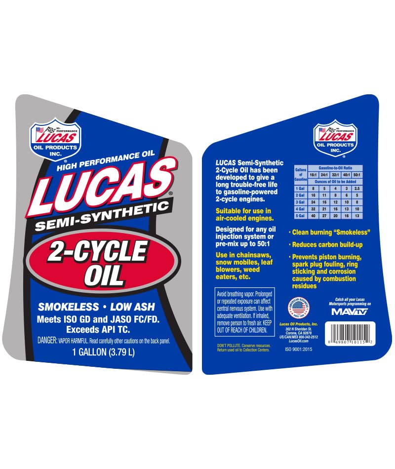 Lucas Oil 10115-4PK Semi-Synthetic 2-Cycle Engine Oil - 1 Gallon (Pack of 4) for Chainsaws, Lawn Mowers & Outdoor Power Equipment