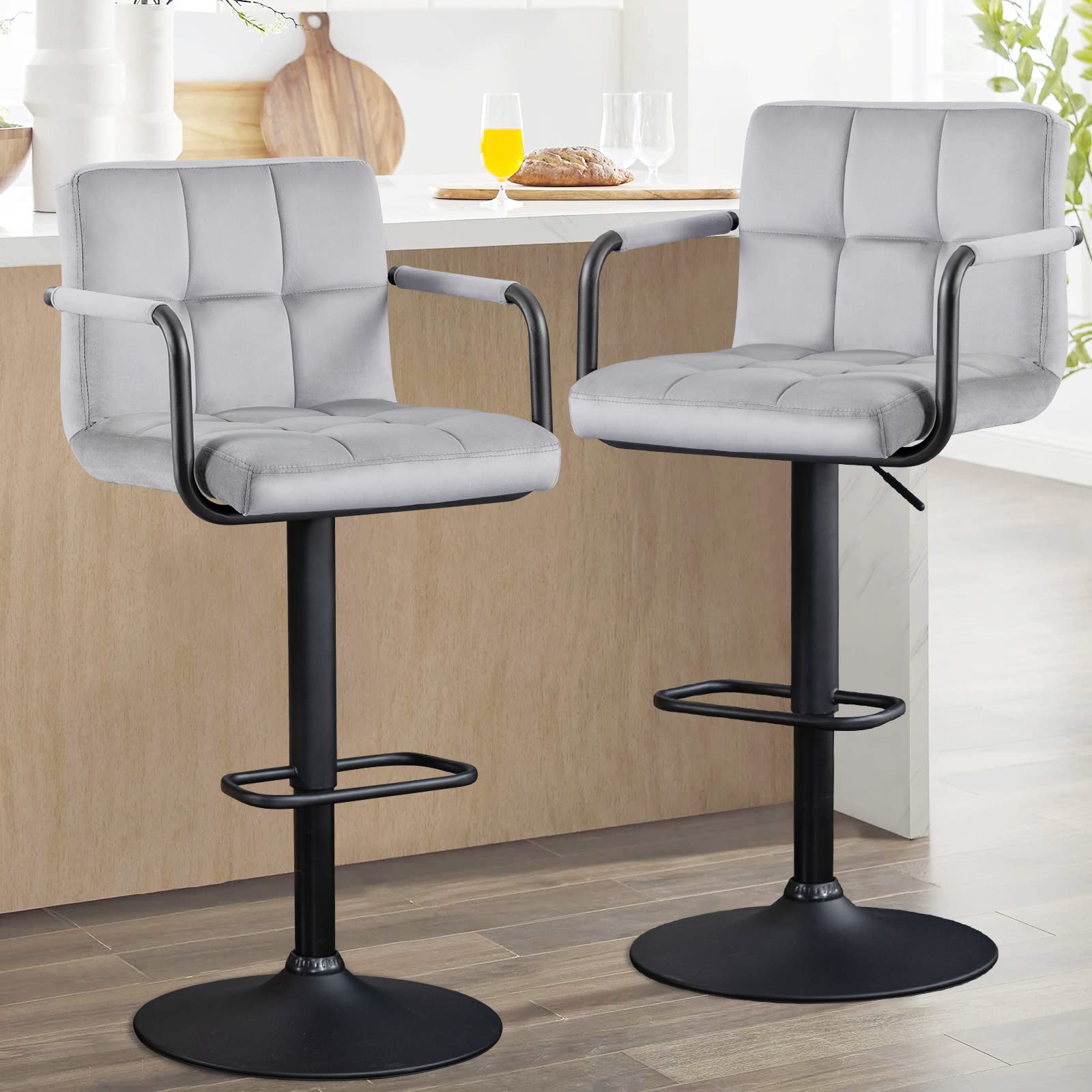 Furnimart Adjustable Swivel Bar Stools Set of 2 - Upholstered Counter Height Bar Chairs with Armrest & Footrest, Velvet Grey - Perfect for Kitchen Island, Breakfast Bar & Dining Room