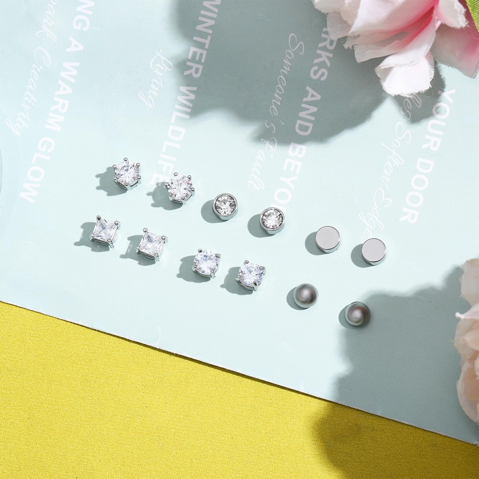NEWITIN 6 Pairs Stainless Steel Magnetic Nose Stud Rings for Women - Non Piercing Clip On Nose Rings with Cubic Zirconia - Hypoallergenic Fake Nose Jewelry for Everyday Wear & Special Occasions