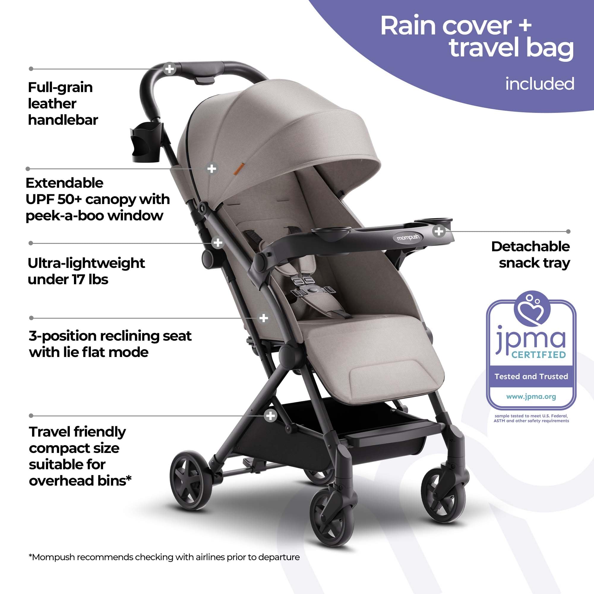 Mompush Lithe V2 Lightweight Compact Travel Stroller with Snack Tray, Cup Holder & Rain Cover - Airplane Approved, One-Hand Fold, Near Flat Recline - Perfect for Air Travel, City Walks & Shopping Trips