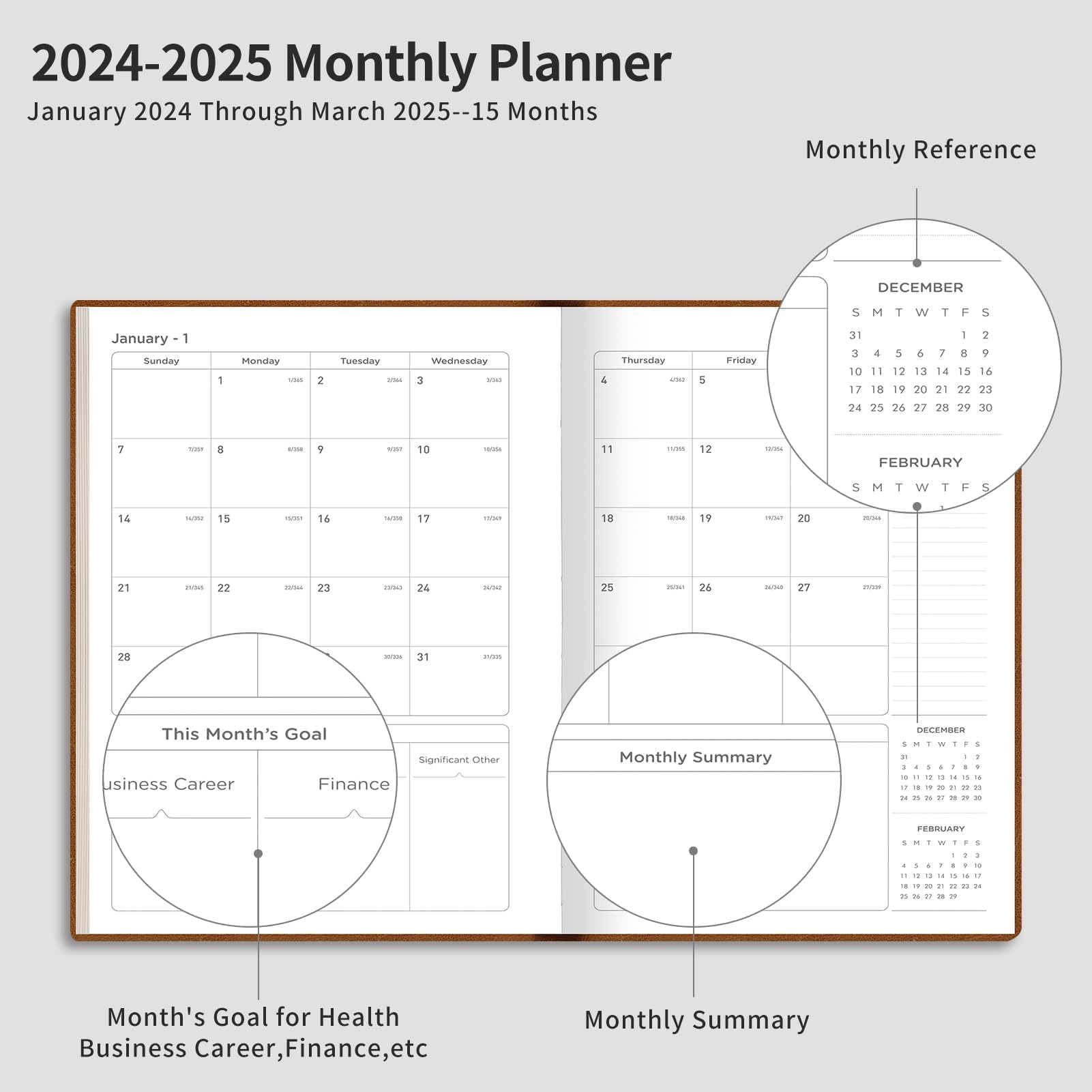 RETTACY 2024-2025 Planner - 18 Month Weekly & Monthly Calendar Organizer from Jan 2024 to Mar 2025 with 100 GSM Premium Acid-Free Paper, Leather Softcover, 8.5