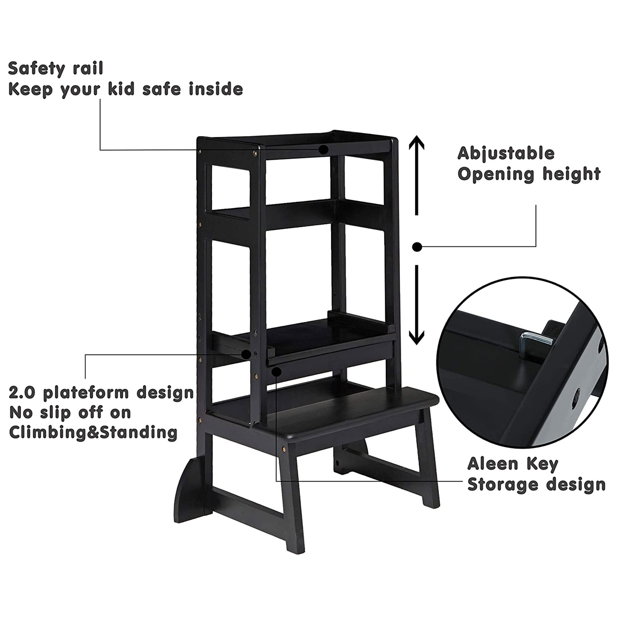 SDADI LT05B Adjustable Height Kitchen Step Stool - Safe Non-Slip Learning Stool for Kids & Adults - Counter Level Step Ladder for Kitchen, Bathroom & Home Use - Perfect for Cooking, Cleaning & Reaching High Shelves - Black