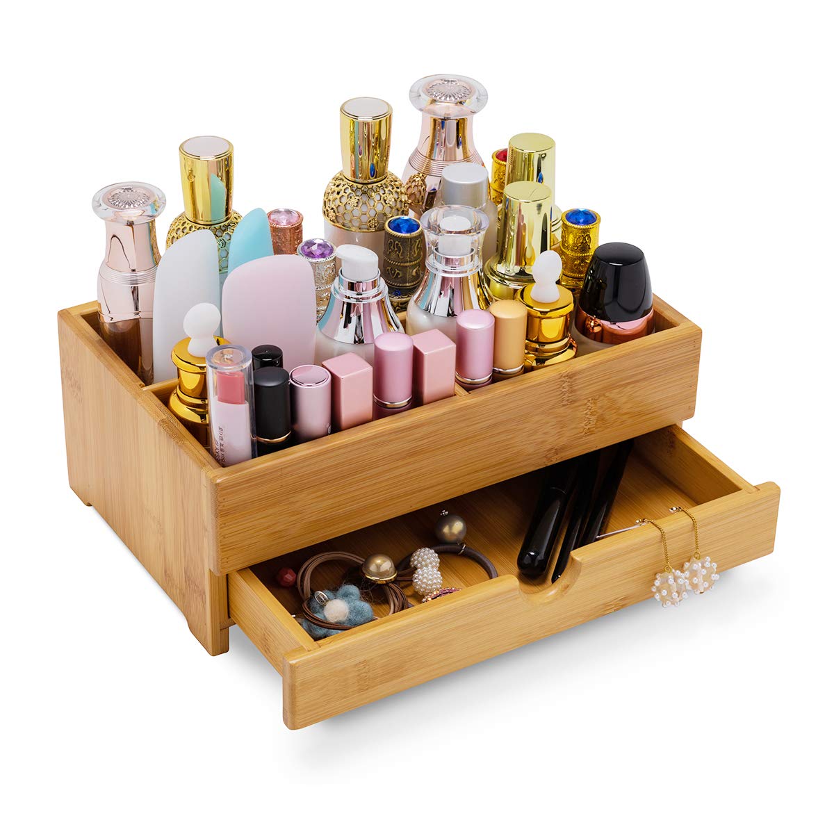 Bamboo Makeup Organizer with Drawer - Natural Wood Cosmetic Storage for Bathroom & Vanity