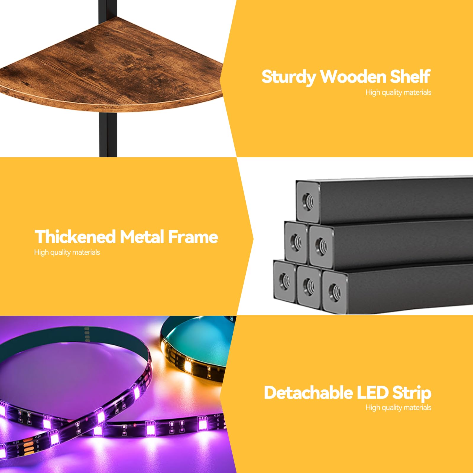 5-Tier LED Corner Shelf - Rustic Brown Metal Storage Rack for Bedroom & Living Room