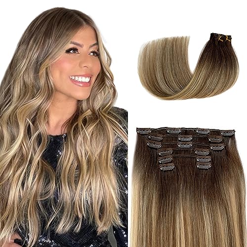 70g Clip in#3T8/613 Balayage Brown to Blonde Highlights
