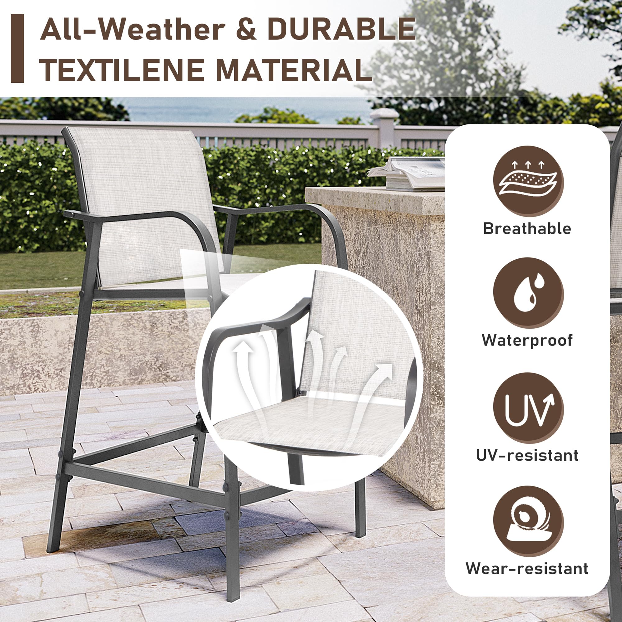 Outdoor Metal Bar Stools Set of 4 - Counter Height Steel Patio Chairs with Textilene Seat, Armrest & Footrest - Lightweight Grey Patio Furniture for Backyard, Deck, Poolside & Outdoor Dining
