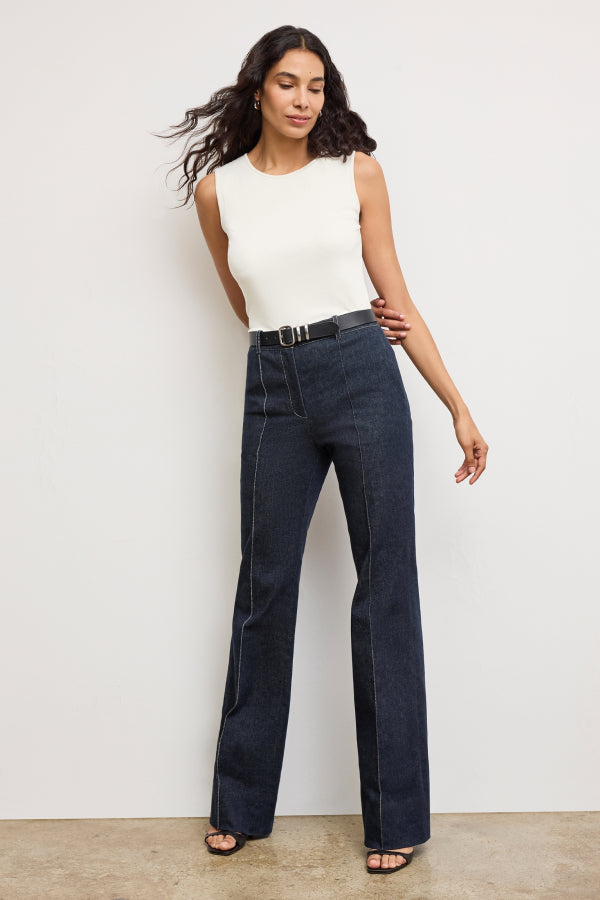 Vintage '70s Rowe Stretch Denim Jeans in Midnight Wash - Retro High Waisted Flare Pants for Women, Perfect for Casual Outfits & 70s Theme Parties