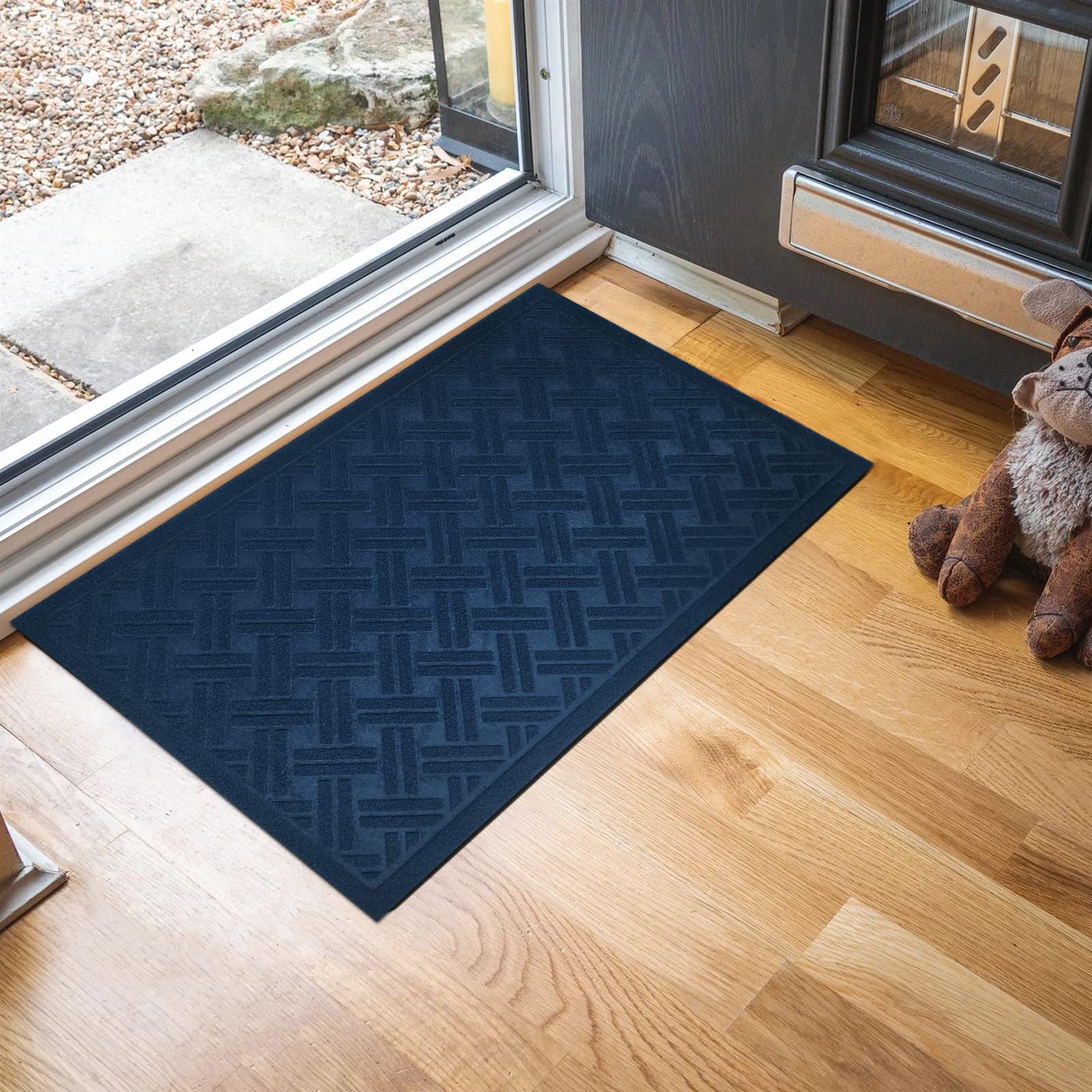 Waterproof Front Door Mat Outdoor - Non-Slip Entrance Rug with Cross Hatch Design for Shoes, Dirt and Mud Trapping - Washable Low Profile Doormat for Patio, Porch & Garage (Dark Blue) - Perfect for High Traffic Areas & All Weather Conditions
