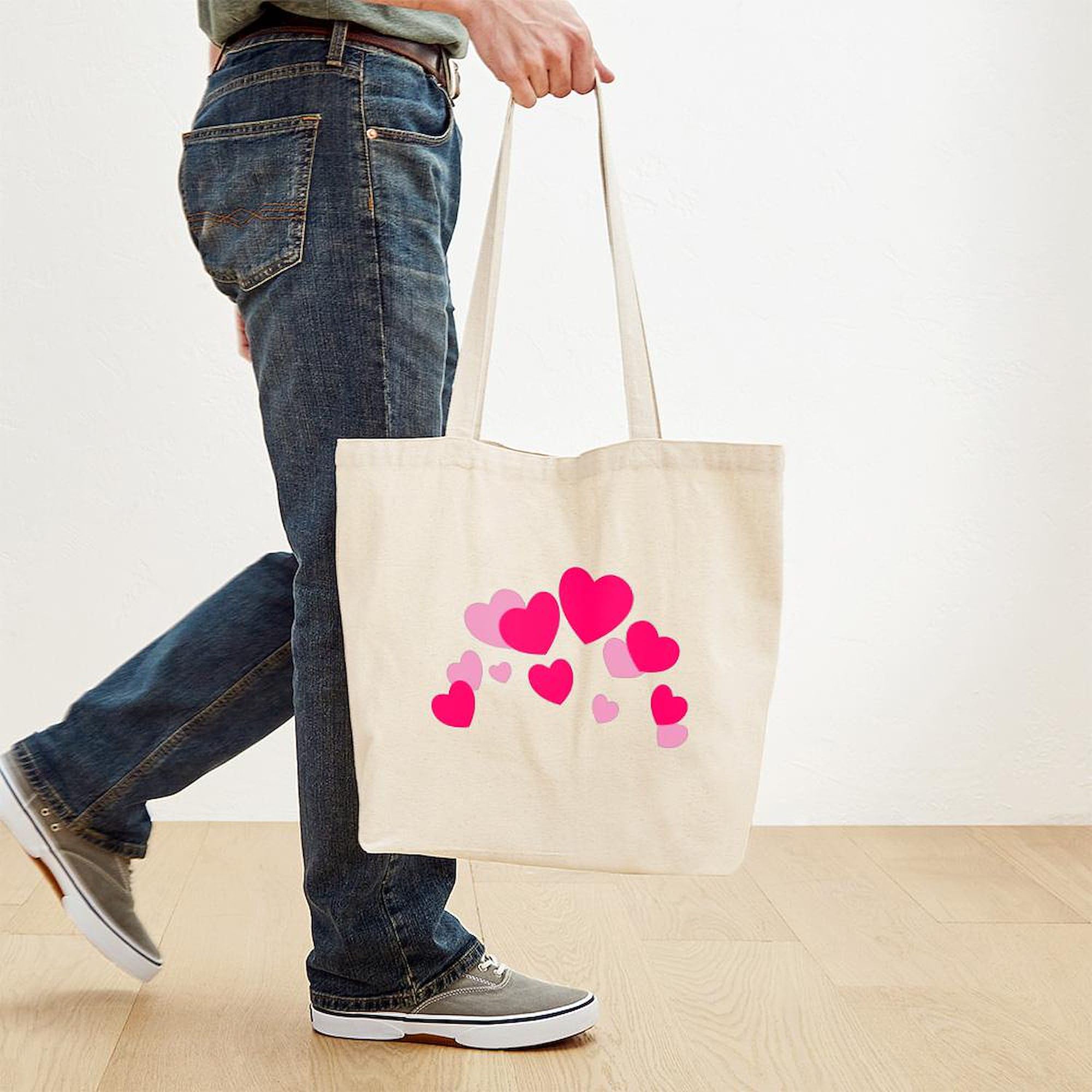 Valentine's Day Hearts Tote Bag - Natural Canvas Reusable Shopping Tote for Groceries, Beach, Work & Gifts | Eco-Friendly Cotton Carryall Bag for Women & Men