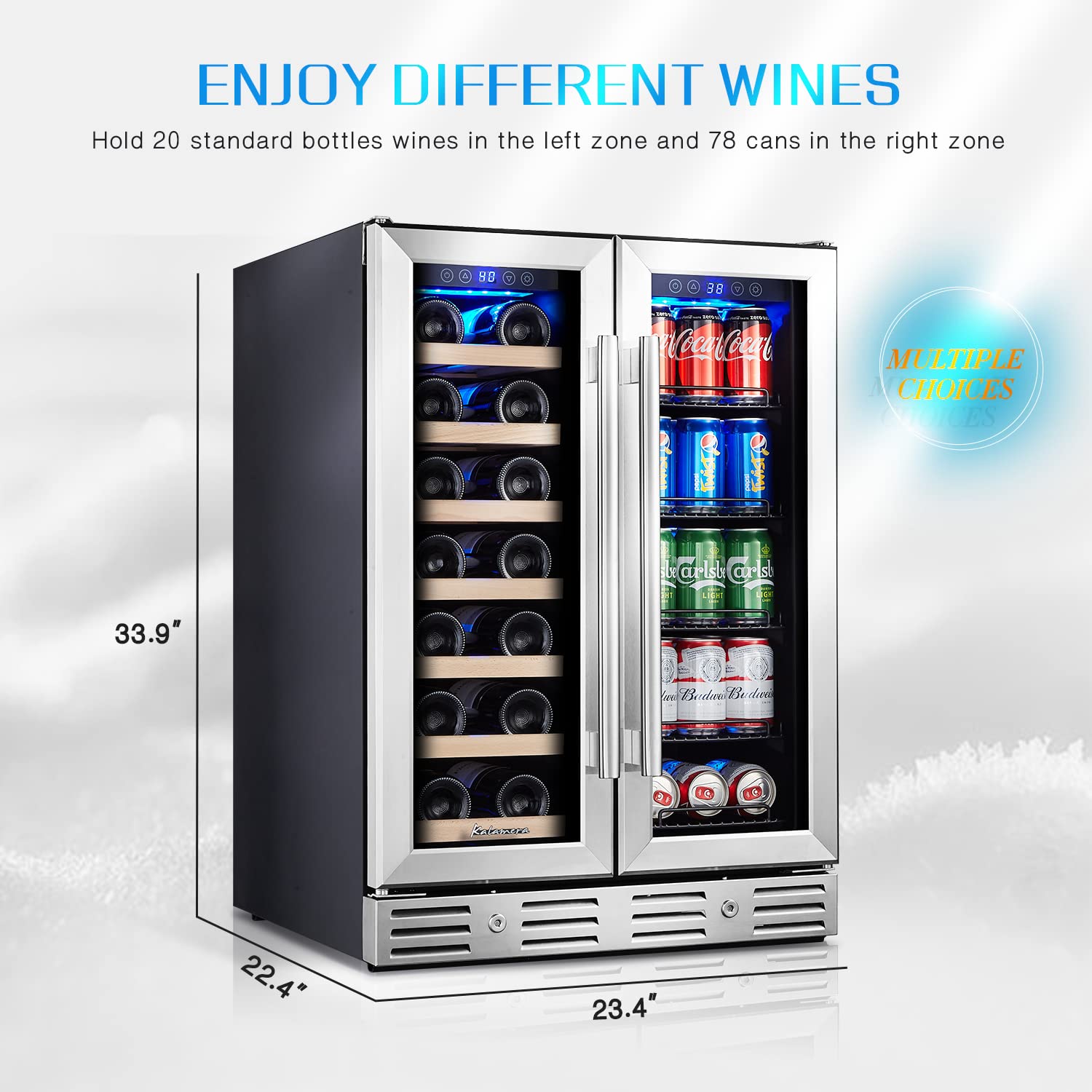 24 Inch Dual Zone Wine and Beverage Refrigerator - Holds 20 Wine Bottles & 78 Cans, Built-In or Freestanding with Digital Touch Control - Perfect for Home Bars, Kitchen, and Entertaining Spaces