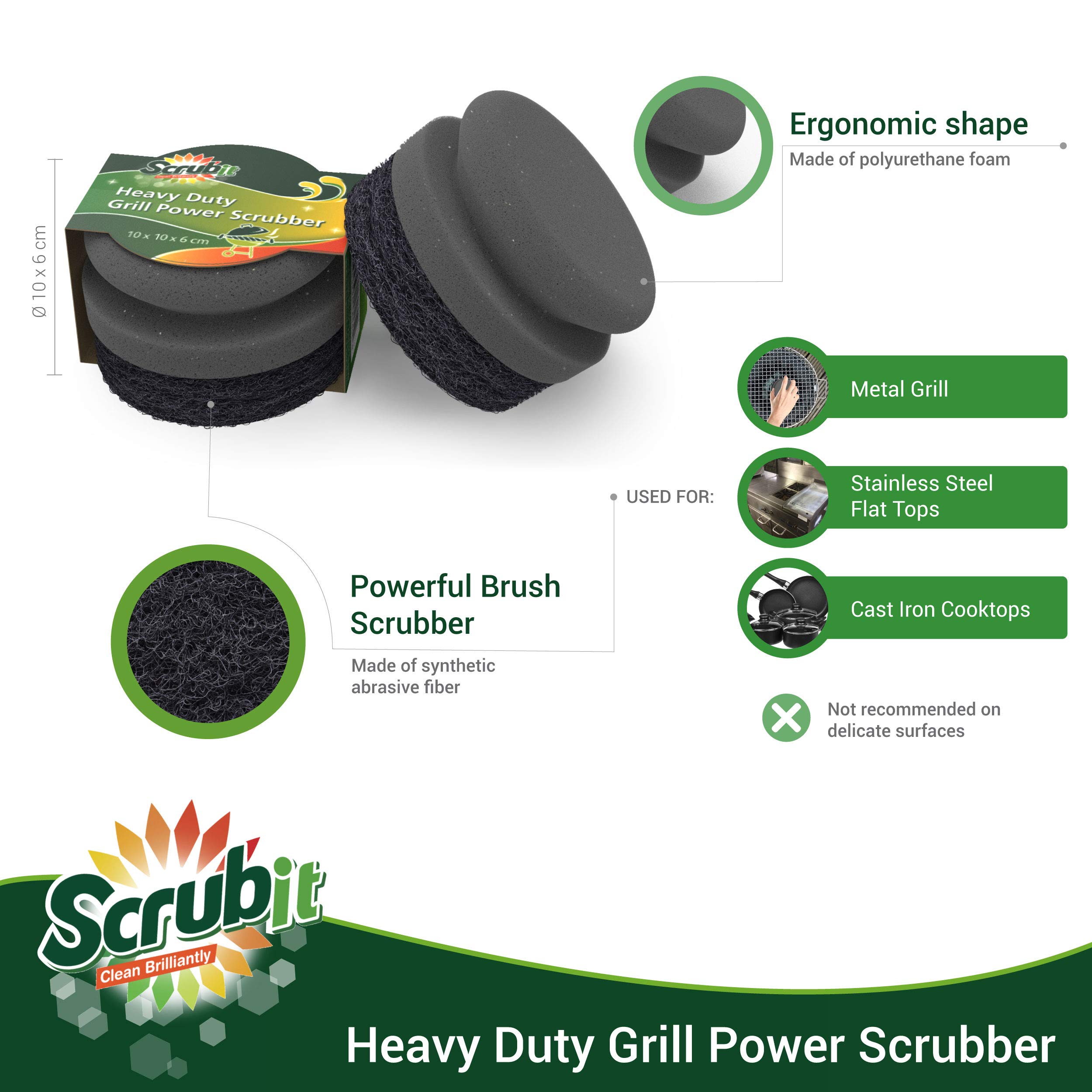 SCRUBIT Grill Cleaning Brush - Heavy Duty BBQ Scrubber with Non-Scratch Sponge & Cast Iron Safe Scraper - Perfect for Gas, Charcoal Grills & Griddles - Outdoor Cooking & Backyard BBQ Accessories (2 Pack)