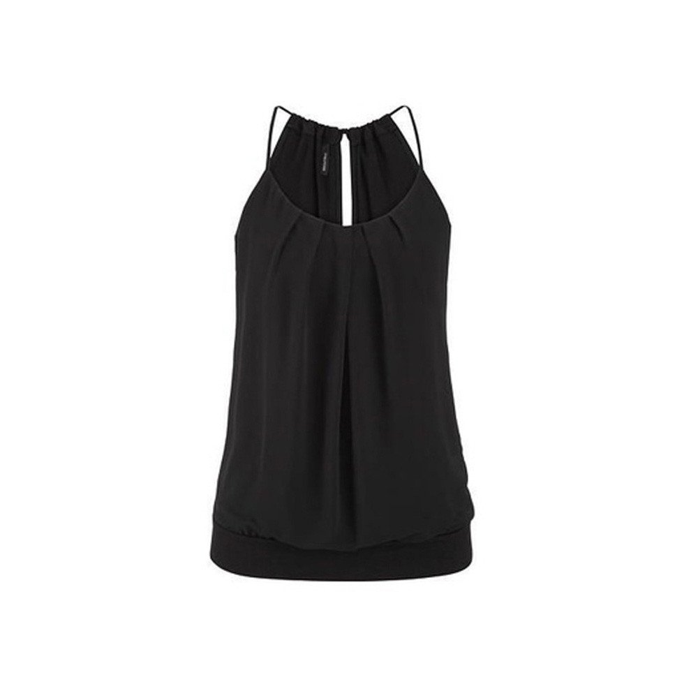 Women's Loose Fit Wrinkled Summer Tank Top - Black O-Neck Cami Blouse & Crop Top for Casual Wear, Beach Outfits, and Layering