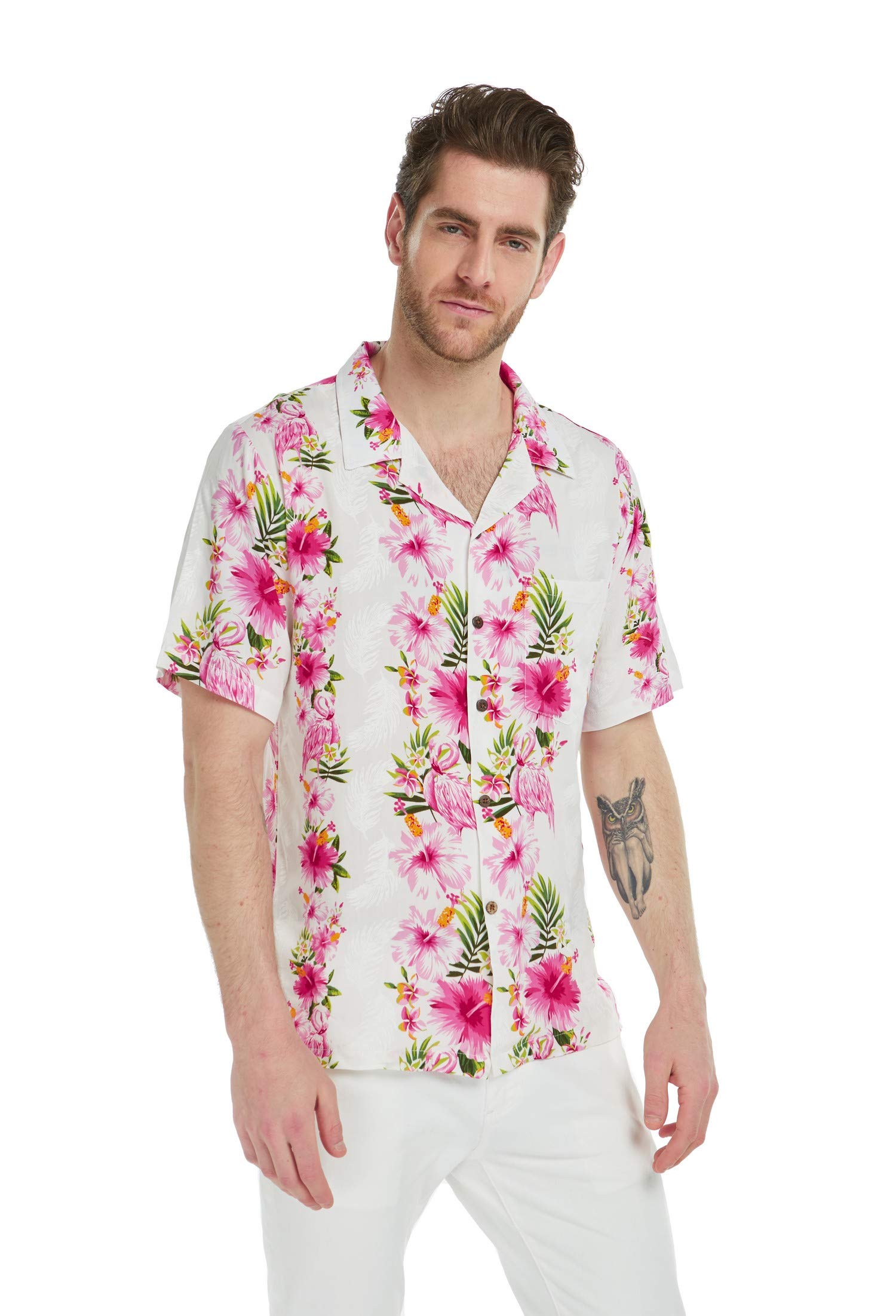 Matching Father Daughter Hawaiian Shirts & Romper Set - Pink & White Hibiscus Vine Print - Tropical Luau Dance Outfits for Family Vacation & Beach Party