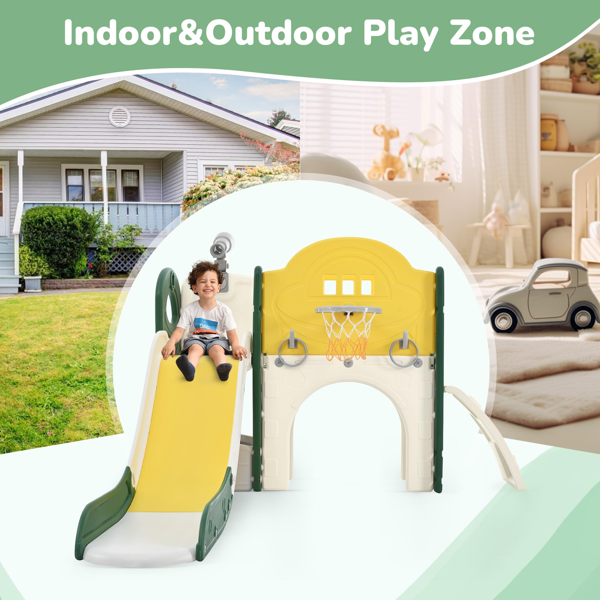 7-in-1 Toddler Slide & Climbing Playset for Indoor/Outdoor Play - Kids Slide with Basketball Hoop, Ring Toss & Telescope - Perfect for Backyard, Playroom & Preschool (Green & Yellow)
