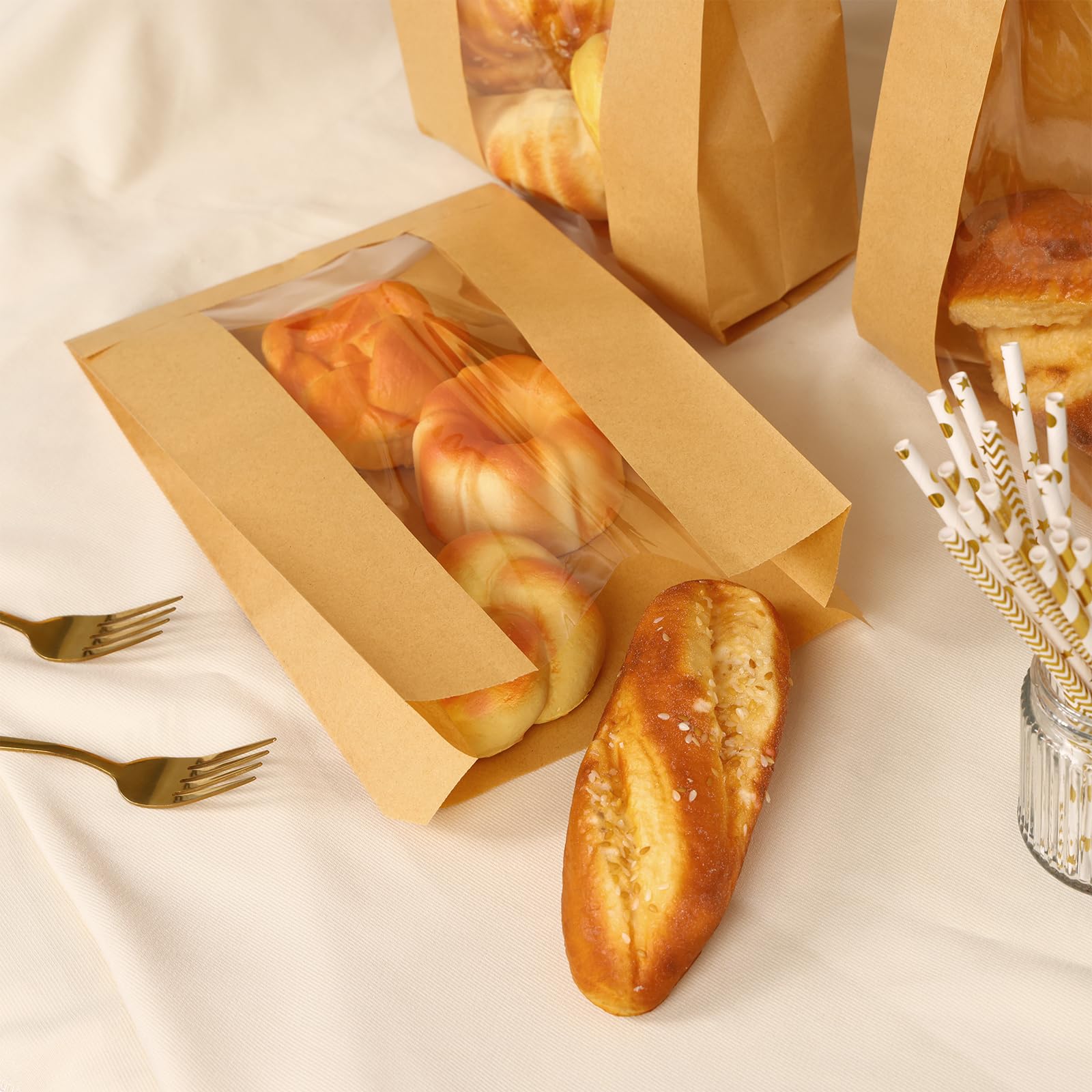 Moretoes Sourdough Bread Bags with Window - 50 Pack 13.7x8.3x3.5 Inch Reusable Paper Bread Bags for Homemade Bread, Baked Goods Storage - Includes Label Seal Stickers - Perfect for Bakeries, Farmers Markets & Home Baking