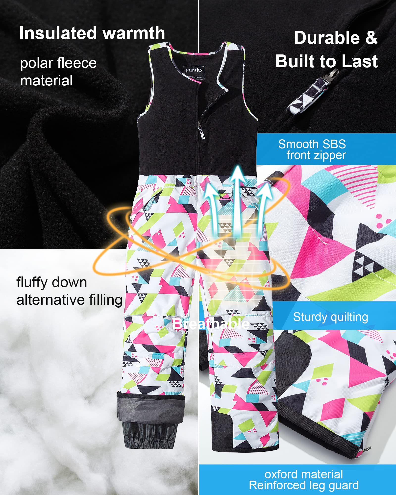 Pursky Kids Snow Pants for Girls - Insulated Waterproof Winter Ski Bibs with Fleece Lining | Warm Snowboarding Overalls & Snowbibs for Skiing, Sledding & Outdoor Winter Activities