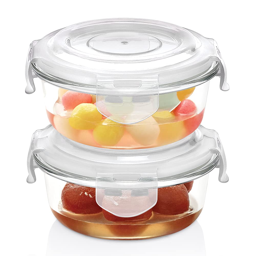 Borosil Klip N Store Airtight Glass Food Storage Containers Set of 2 (400ml Each) - Microwave & Oven Safe Round Kitchen Containers with Lids - Perfect for Meal Prep, Leftovers & Pantry Organization