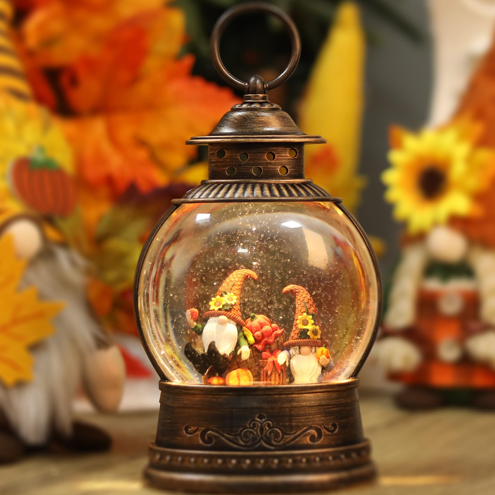 Light Up Thanksgiving Snow Globe with Gnomes - 6H Timer, USB/Battery Powered Fall Decor for Home | Perfect for Table Centerpieces, Mantel Displays & Seasonal Festivities